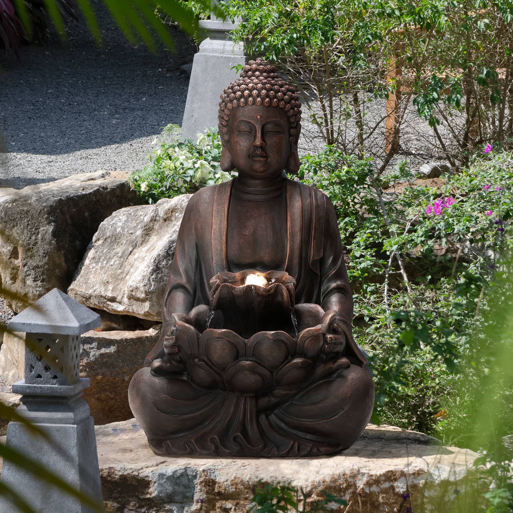Glitzhome® 28.25" Zen-Style Meditating Buddha Statue Outdoor Fountain with LED Light