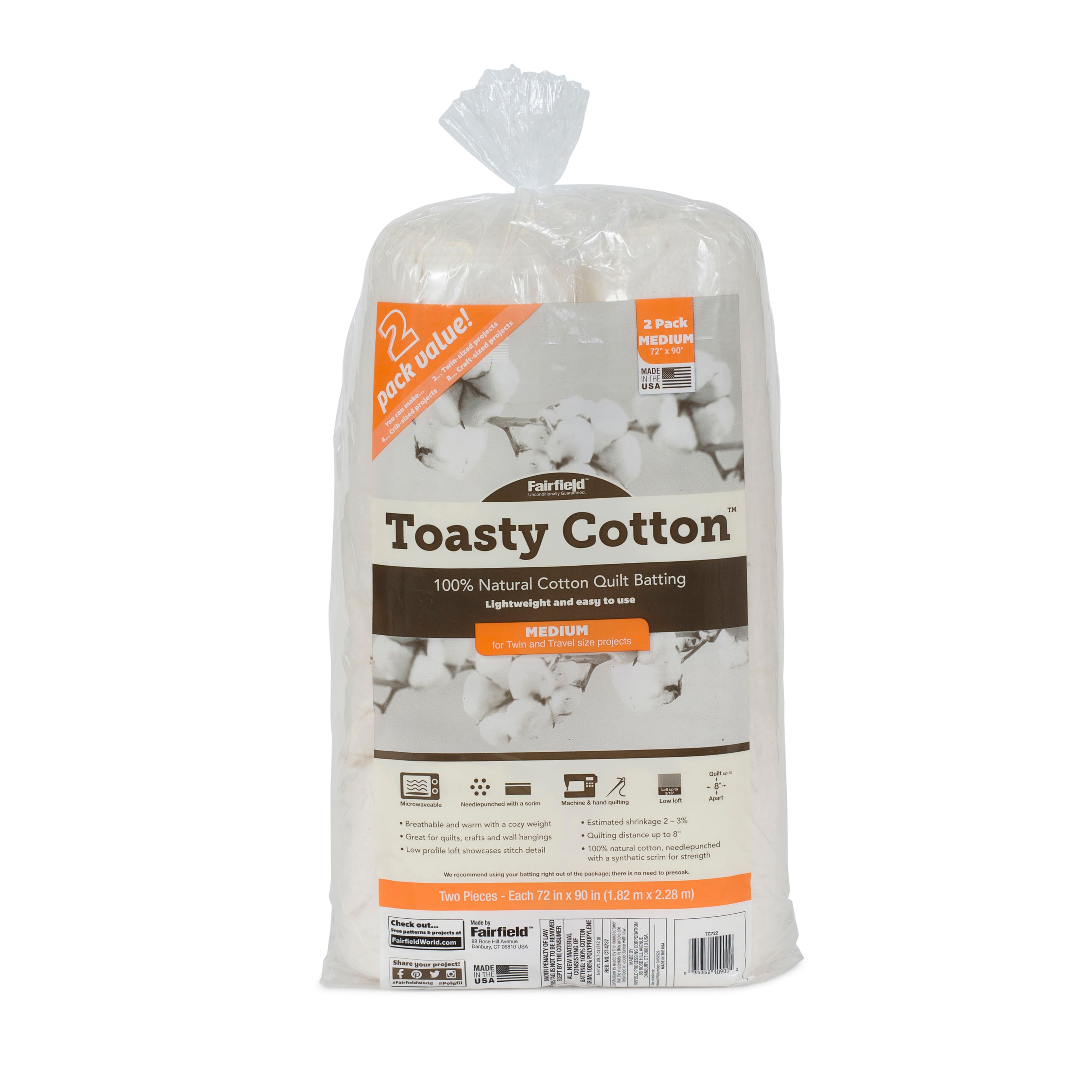 Fairfield™ Toasty Cotton™ 2ct. Quilt Batting, 72" x 90" 