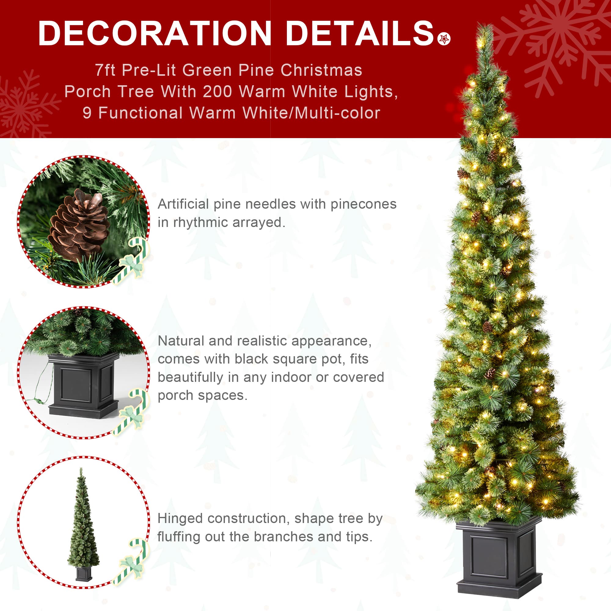 7ft. Pre-Lit Green Pine Artificial Christmas Porch Tree, Color Changing LED Lights