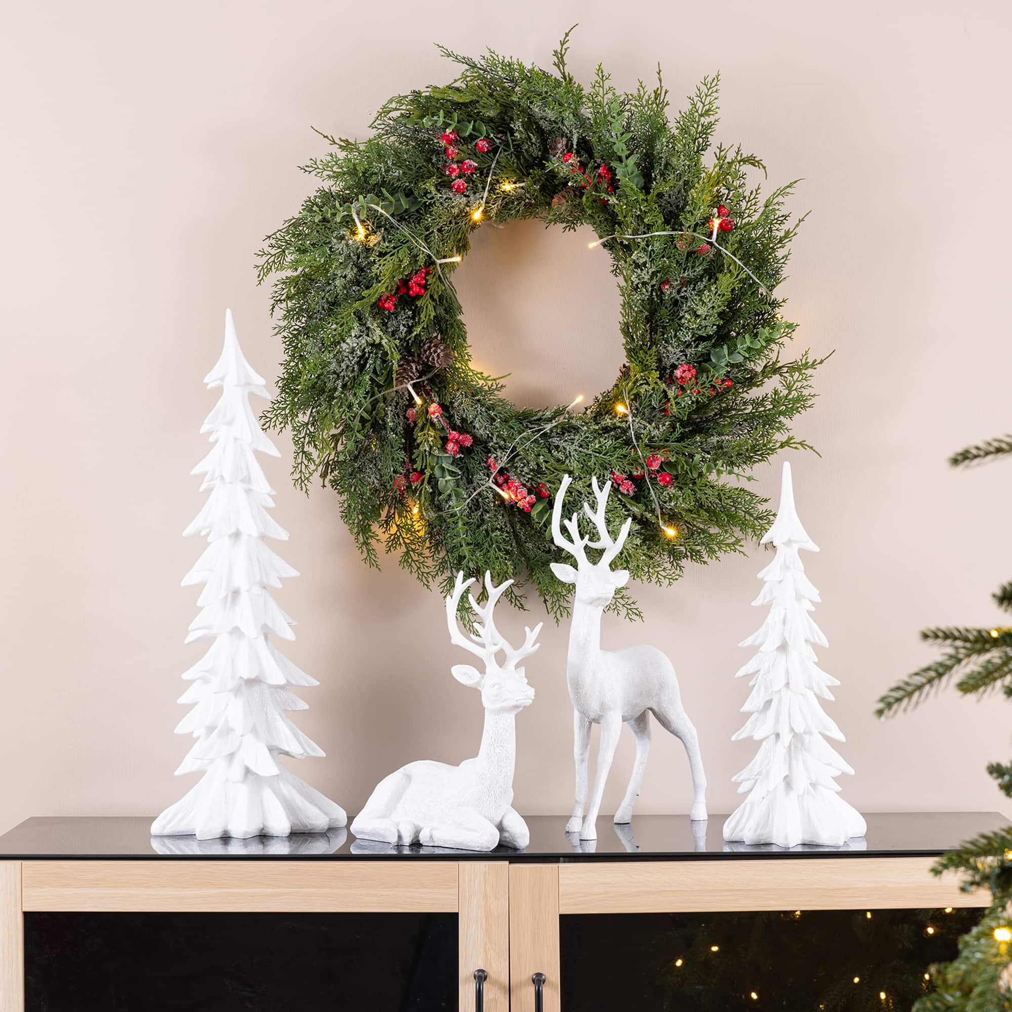 Glitzhome® White Reindeer with Tree Christmas  Table Décor Set