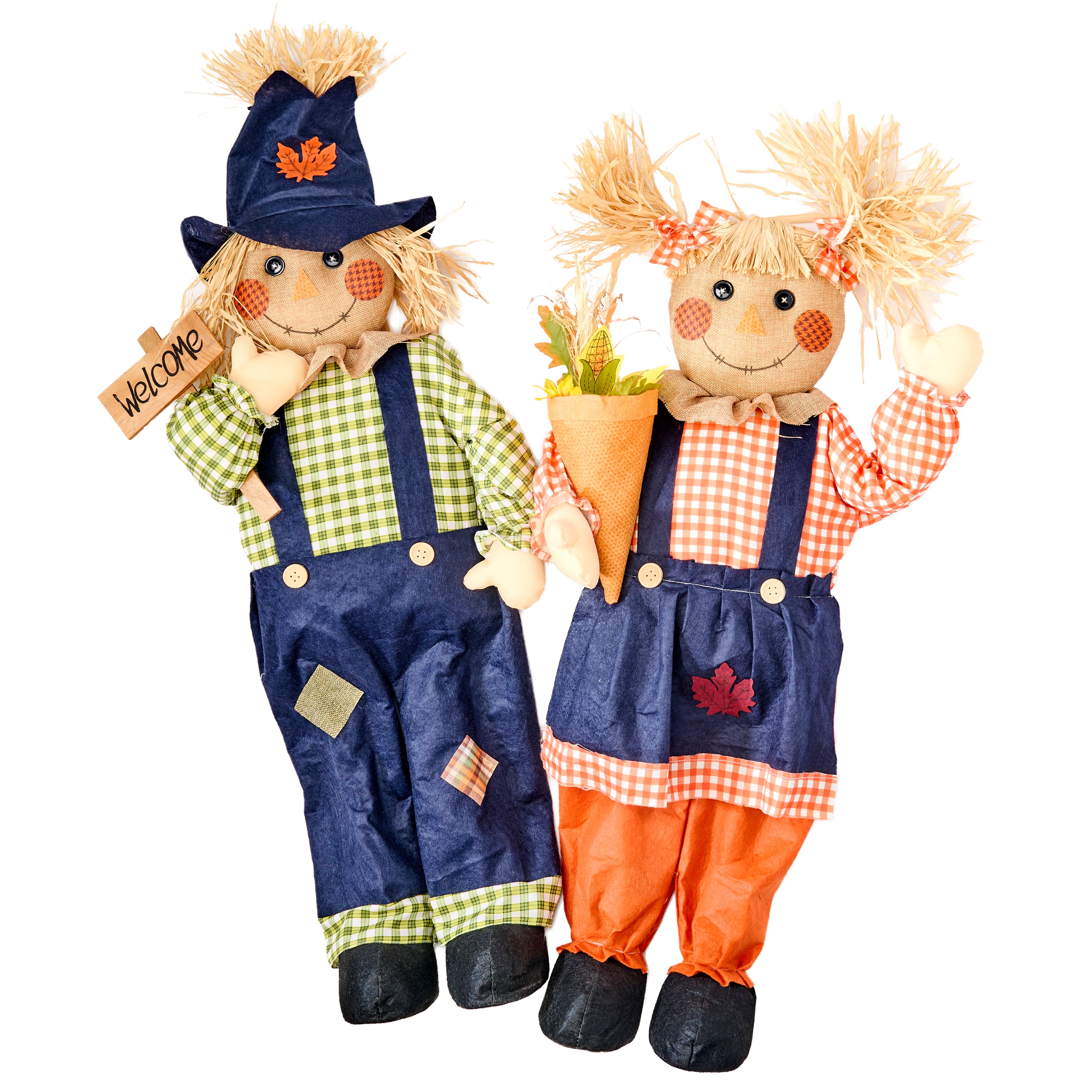 Worth Imports 36" Floor Standing Fall Harvest Boy & Girl Scarecrow Holding Welcome Sign or Corn Set