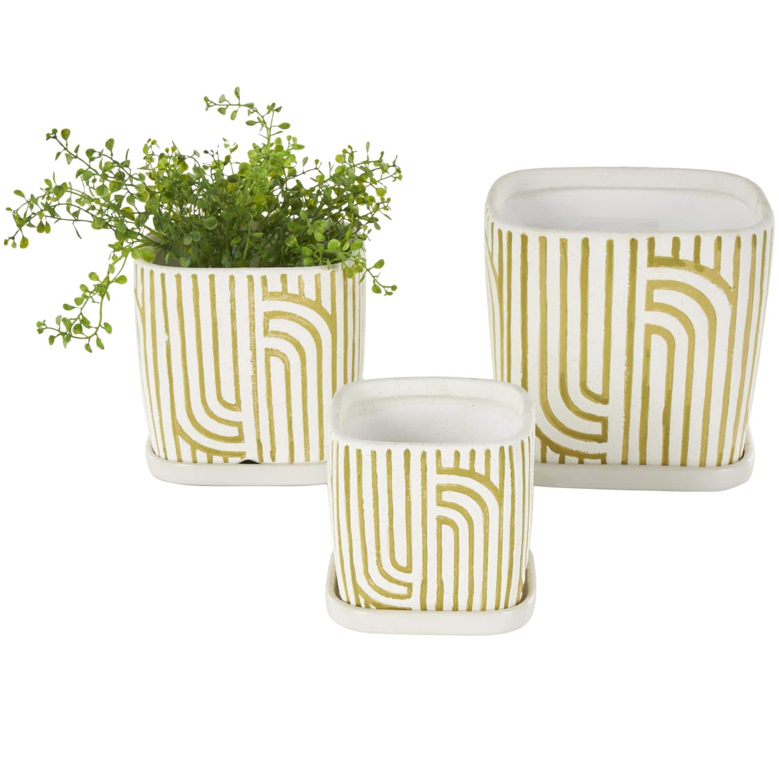 Green Geometric Linear Arch Pattern Ceramic Planter Set
