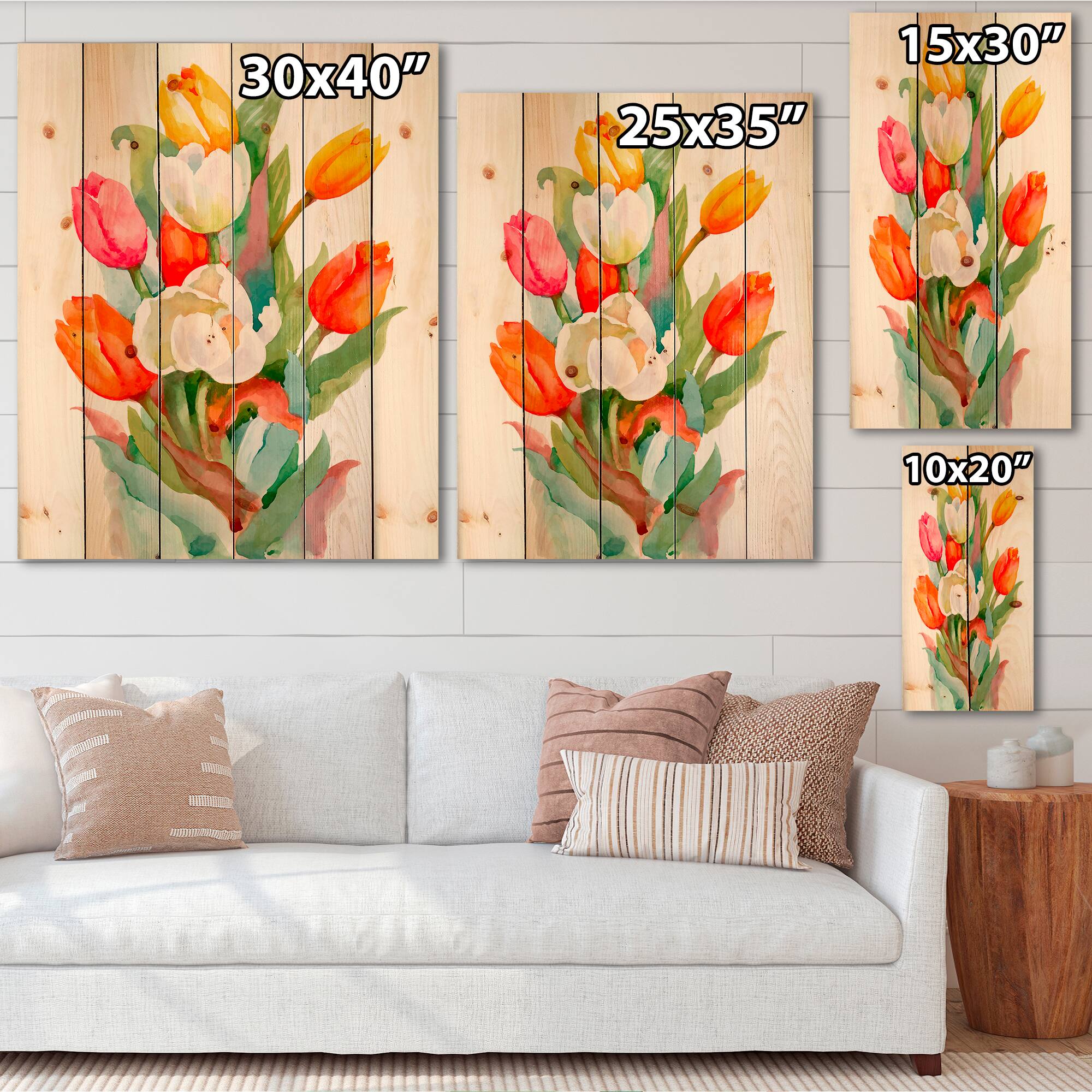Designart - Blooming White and Orange Tulips Flower - Traditional Print on Natural Pine Wood
