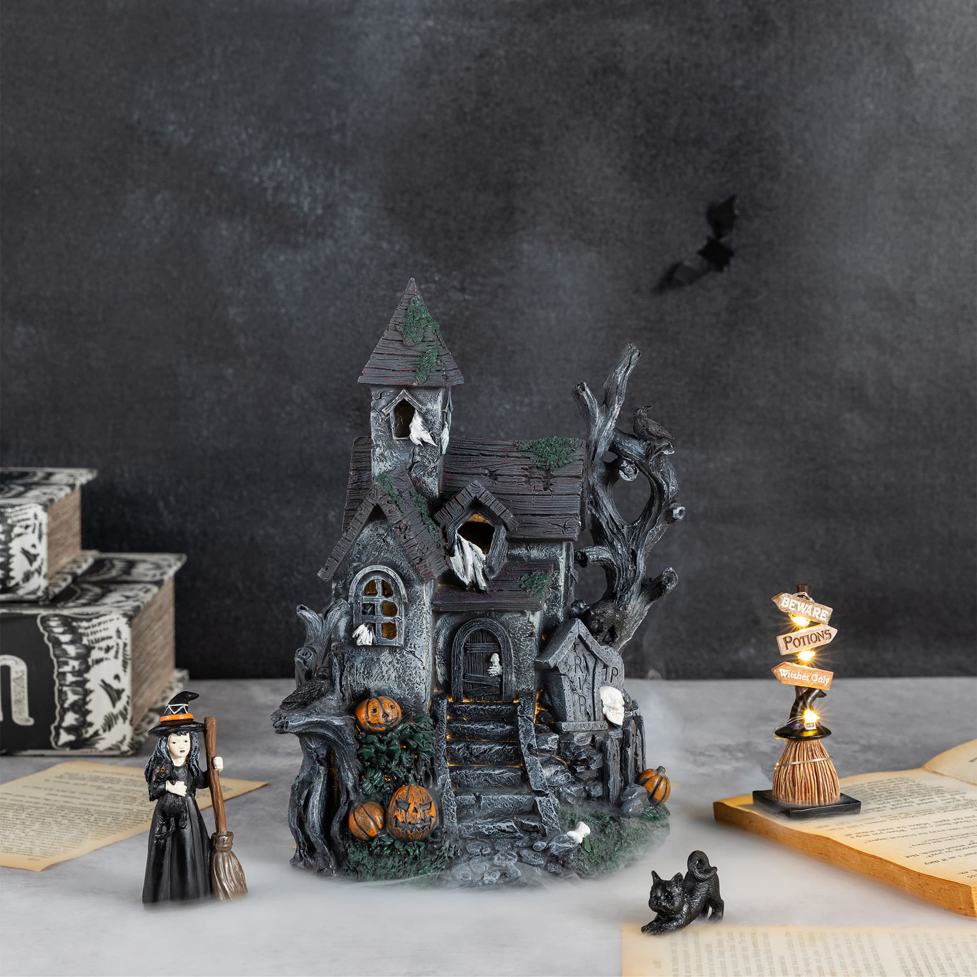 Glitzhome® Halloween Lighted Haunted House with Timer Set