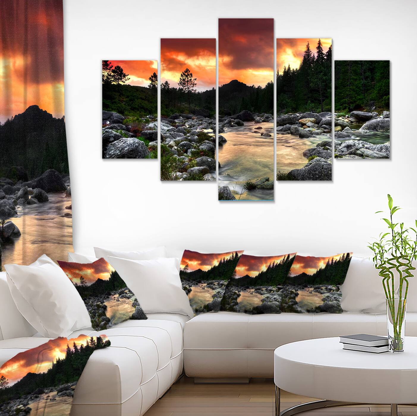 Designart - Rocky Mountain River at Sunset - Extra Large Wall Art Landscape