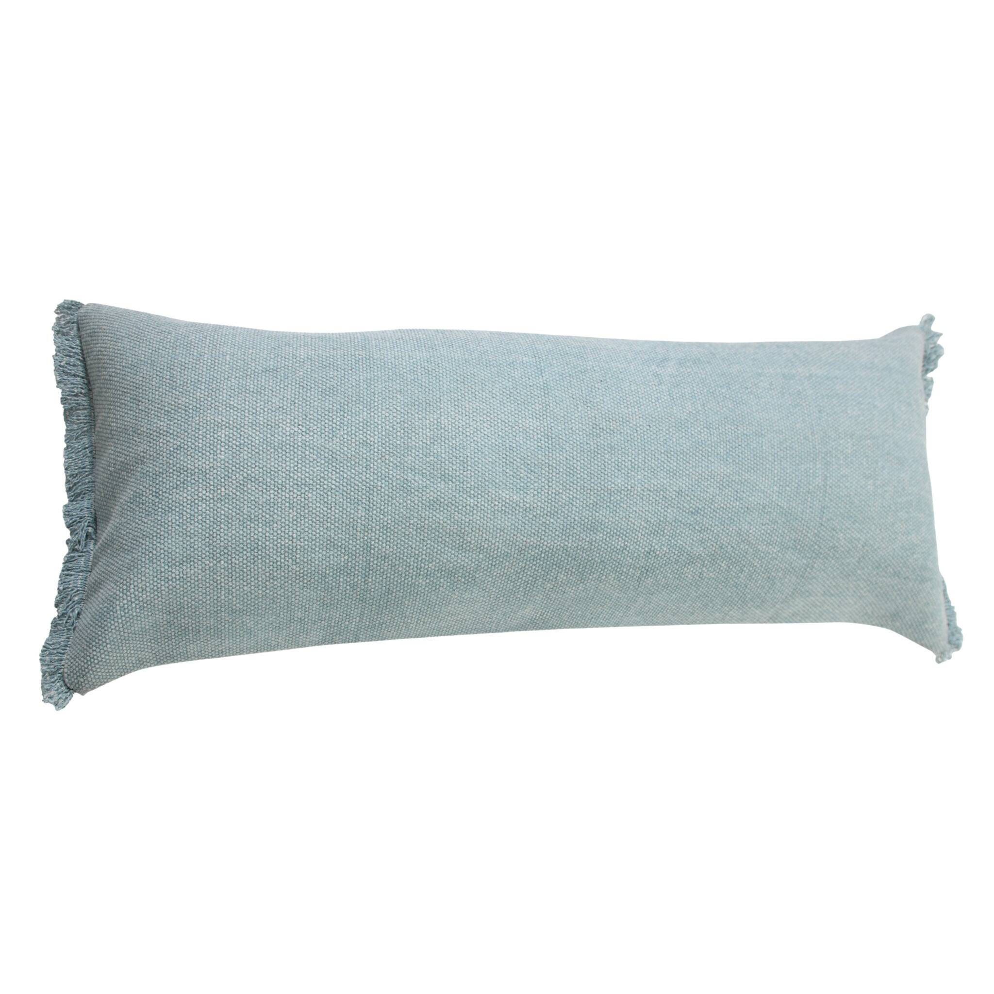 HomeRoots 14" x 36" Light Blue Cotton Lumbar Fringe Throw Pillow