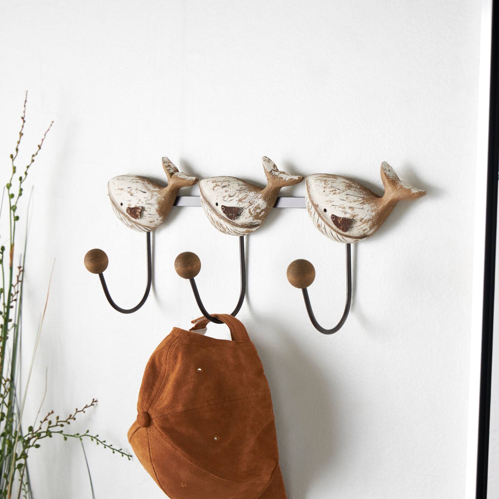 Handmade Whale Wall Hook with Black Metal & Wood Ball Accents  