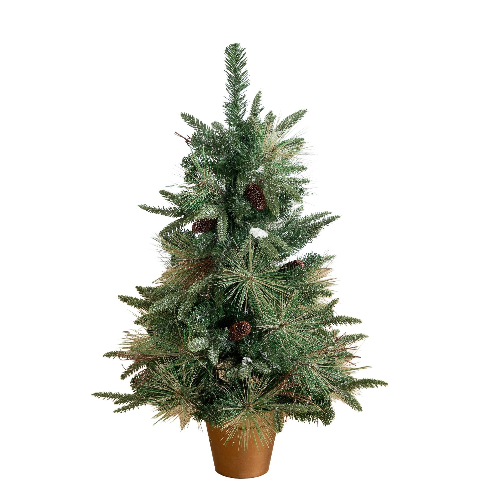 Nearly Natural 3ft. Pre-Lit Artificial Snowed Mixed Pine & Pinecone Christmas Tree in Gold Decorative Planter, Warm White LED lights