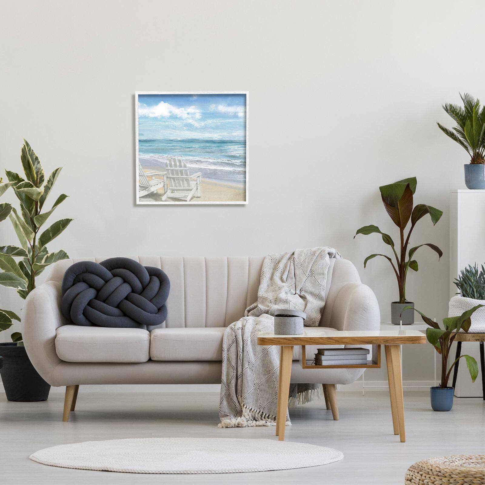 Stupell Industries White Adirondack Chairs on the Beach Painting Framed Wall Art