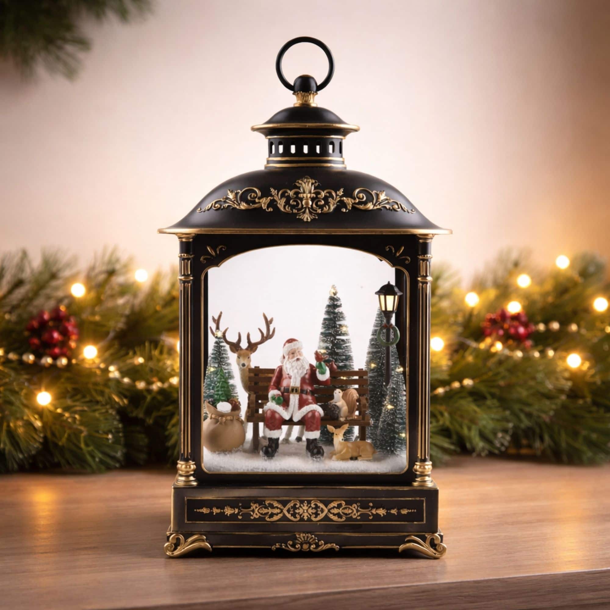 Melrose 17.5" LED Santa, Pine Trees & Woodland Animals Lantern Scene