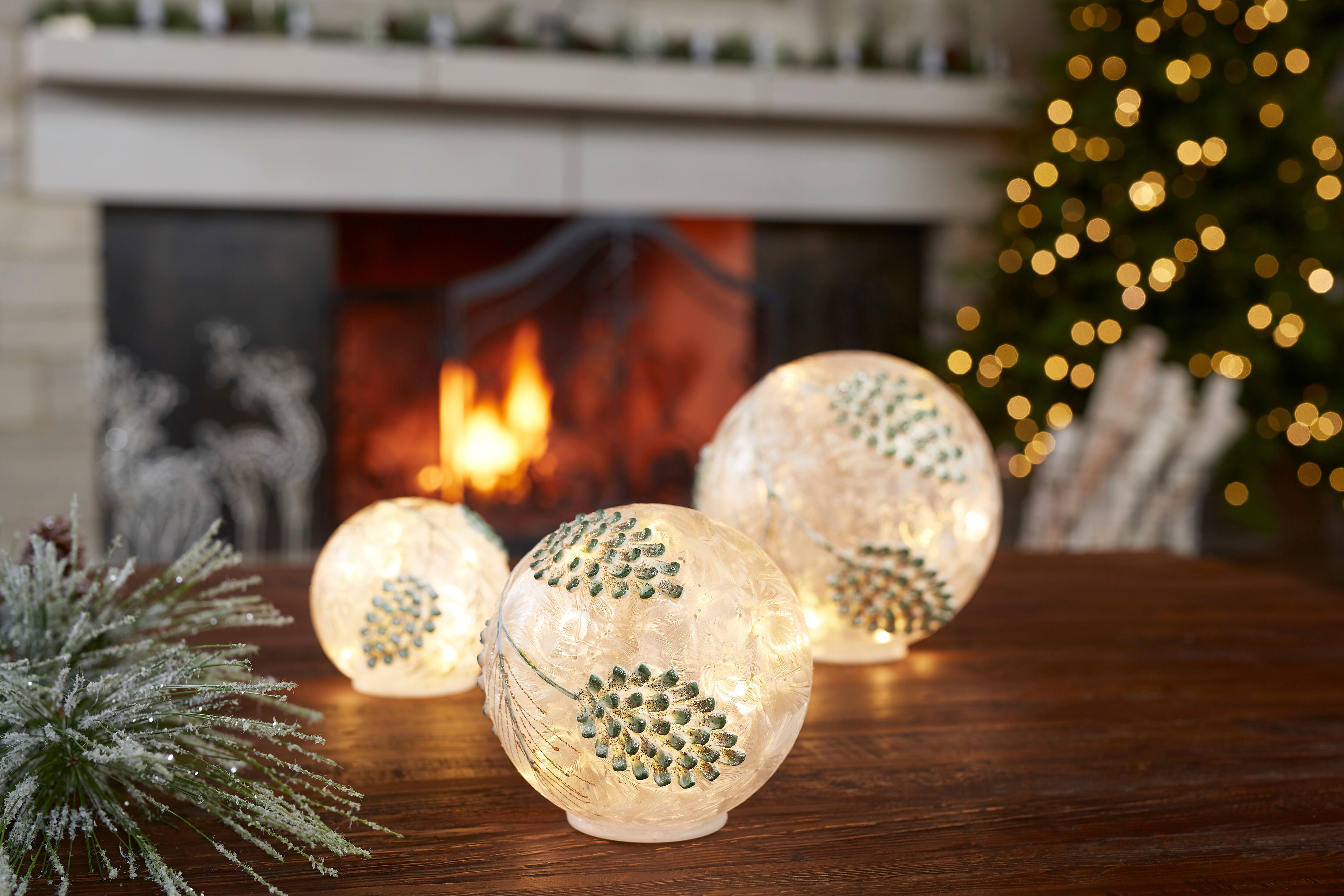 Melrose White LED Frosted Silver Pinecone Orb Set