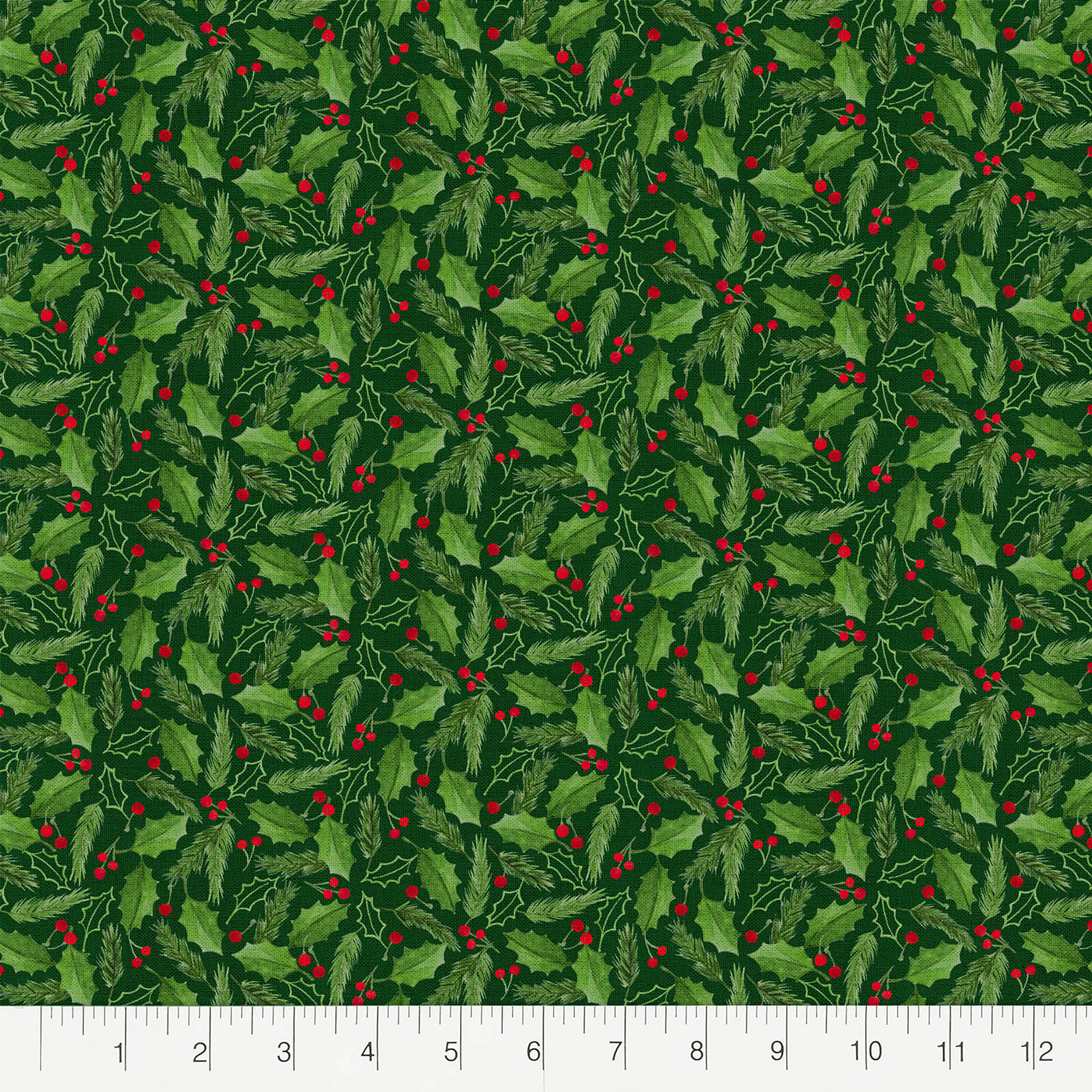 Fabric Editions Green Holly & Berries Cotton Fabric