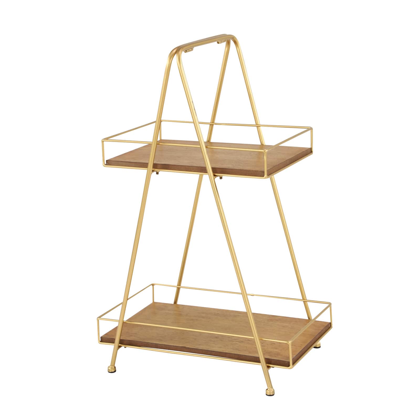 22" Brown Wood & Iron 2-Tier Tray Stand
