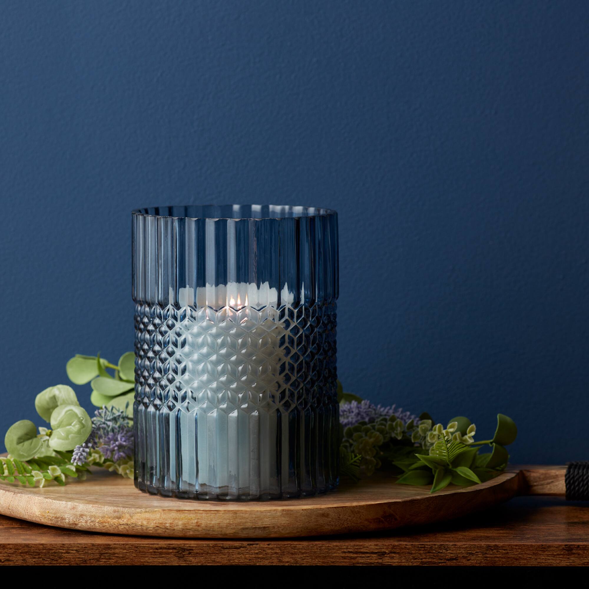 8" Blue Ribbed Glass Vase or Candle Holder