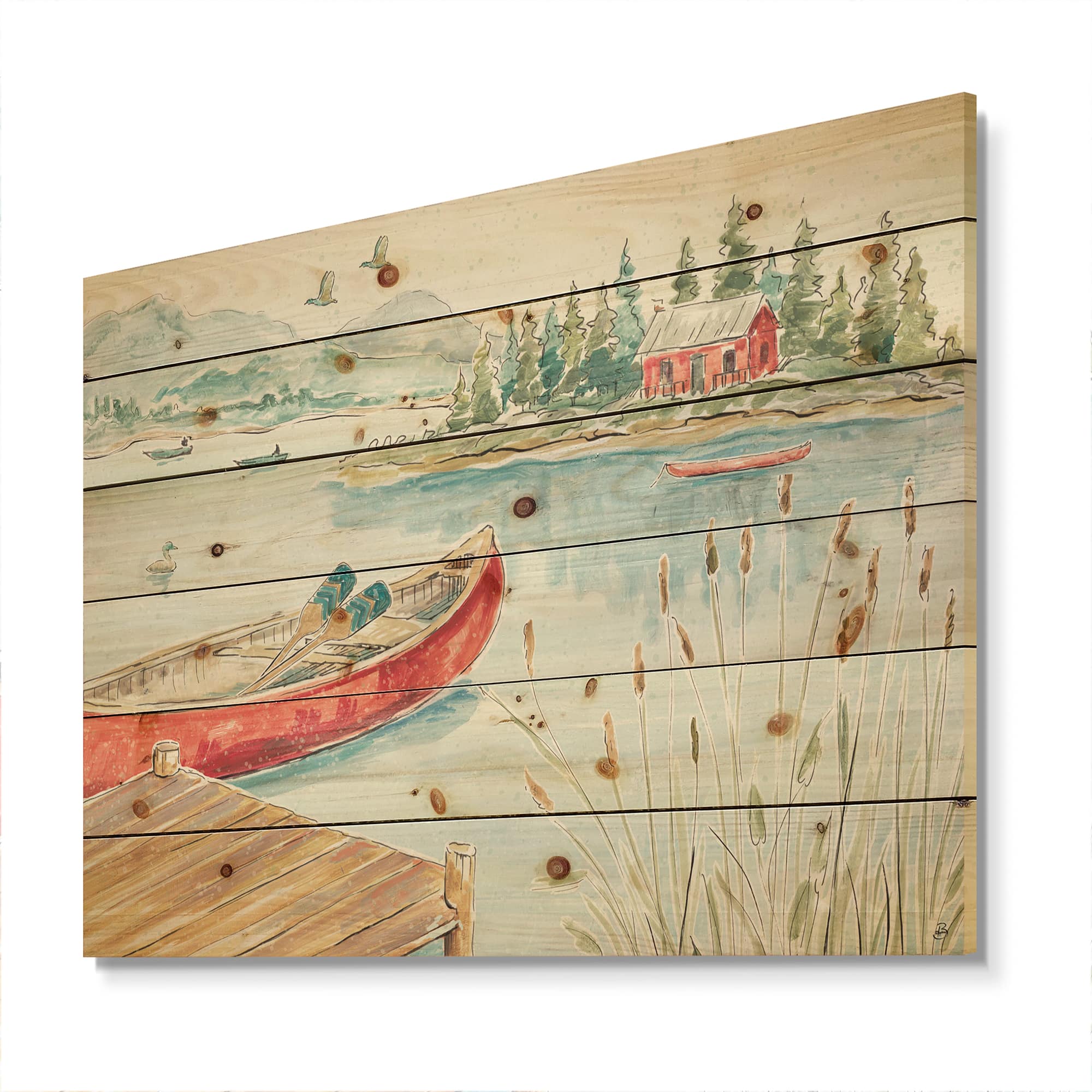 Designart - Lake House Canoes I - Lake House Print on Natural Pine Wood