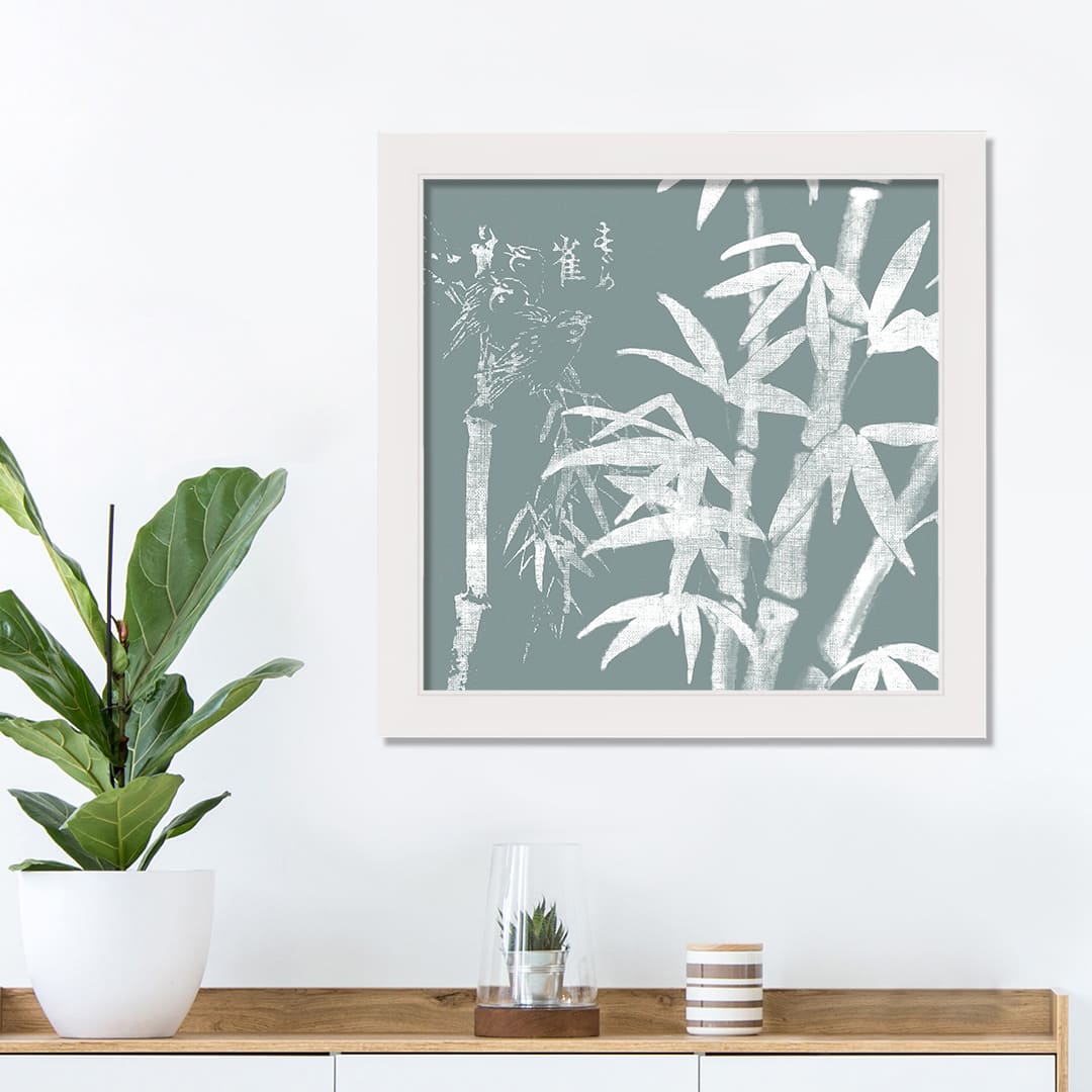 Teal Bamboo White Framed Wall Décor Under Plexiglass