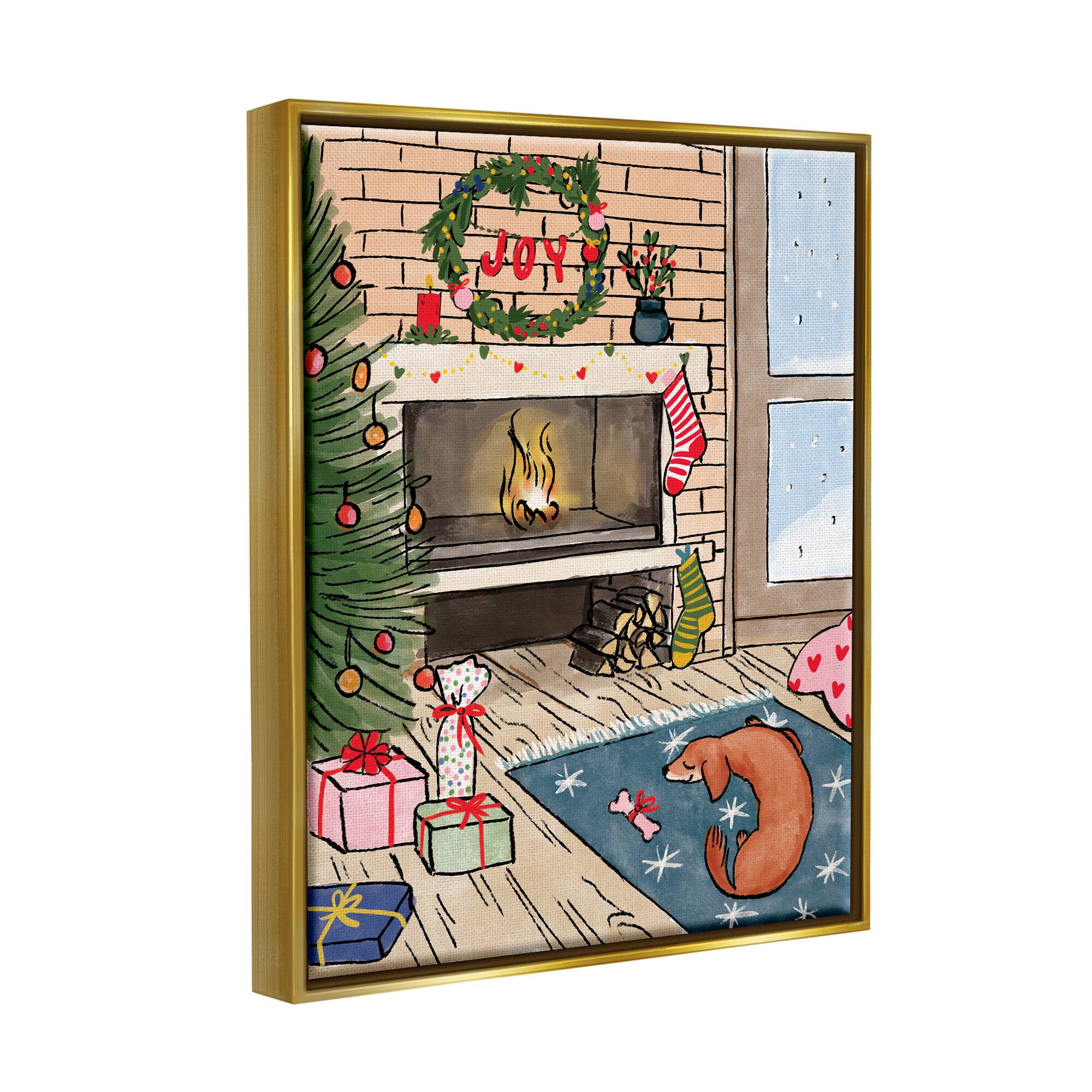 Stupell Industries Cozy Christmas Fireplace Tree Framed Floater Canvas Wall Art