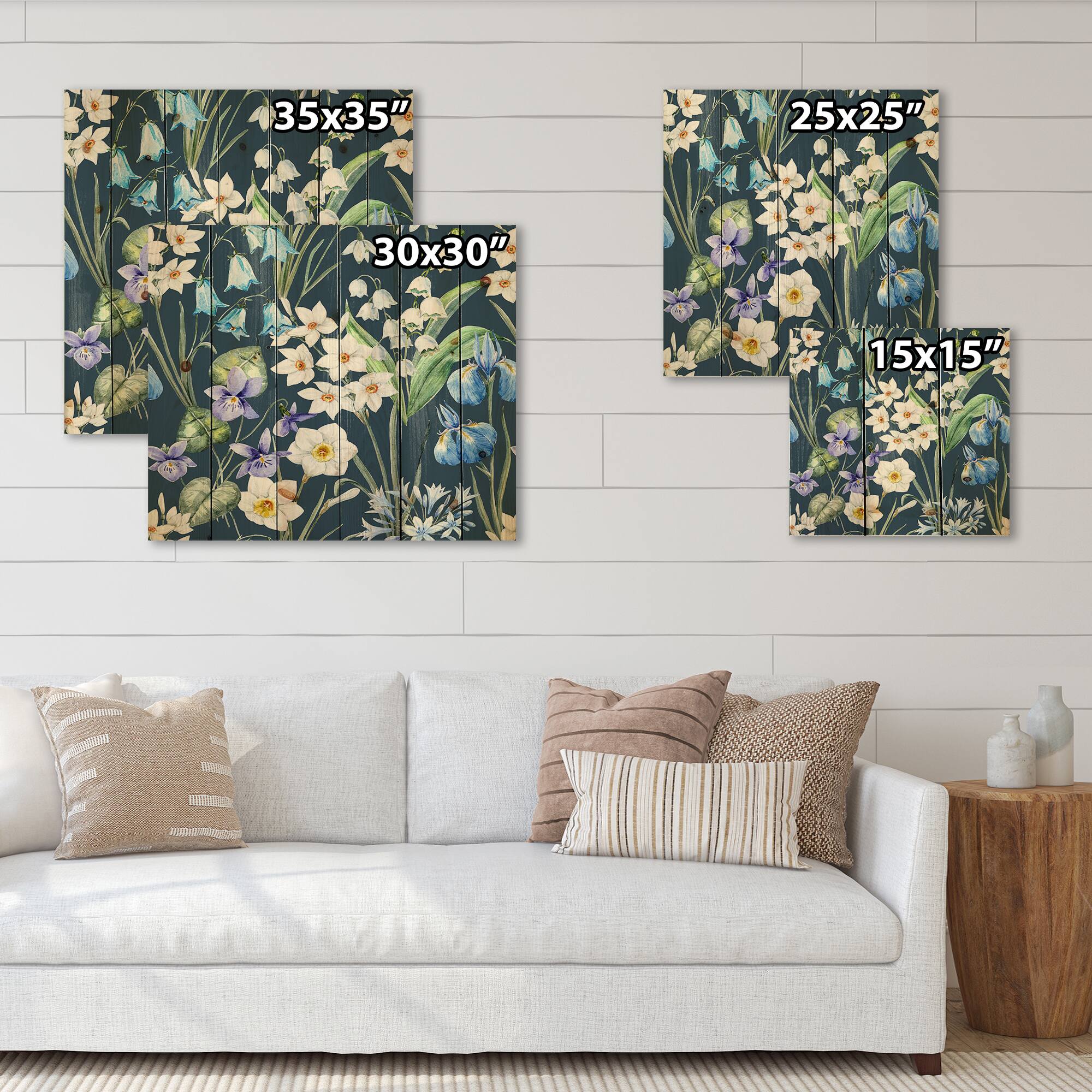 Designart - White and Blue Spring Flowers On Dark Blue - Traditional Print on Natural Pine Wood