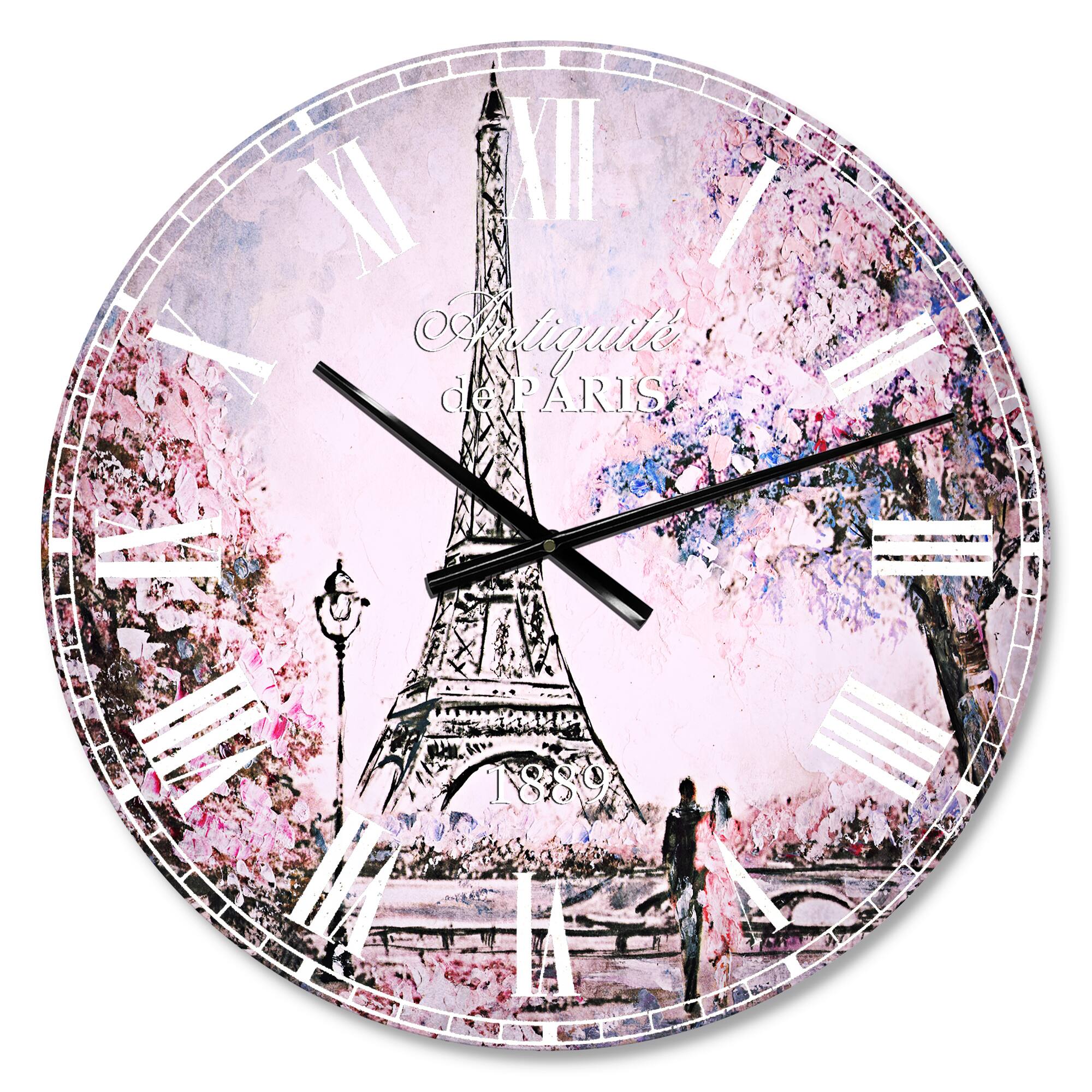 Designart 'Eiffel With Pink Flowers French Country Wall Clock