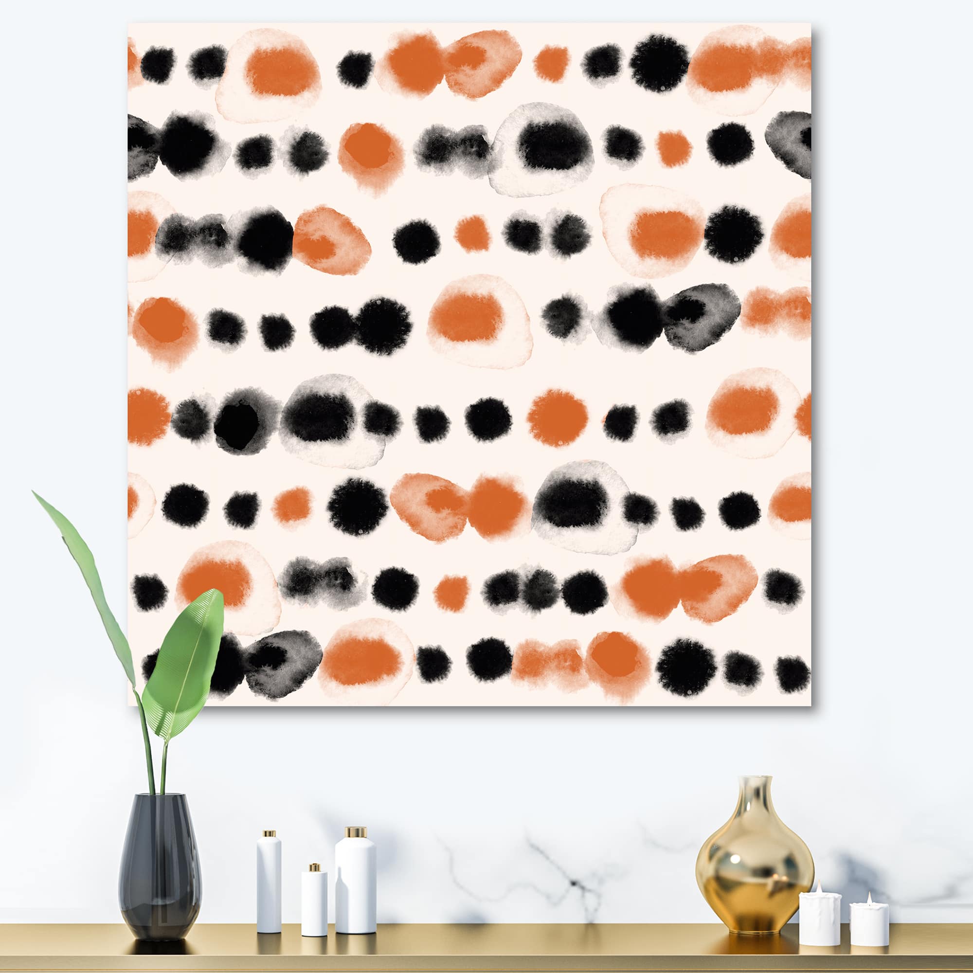Designart - Black and Orange Polka Dots - Modern Canvas Wall Art Print