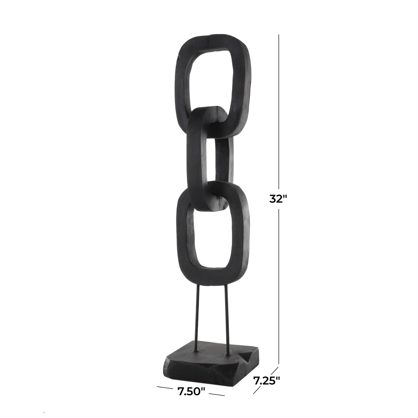 32" Black Teak Wood 3-Link Chain Sculpture with Stand