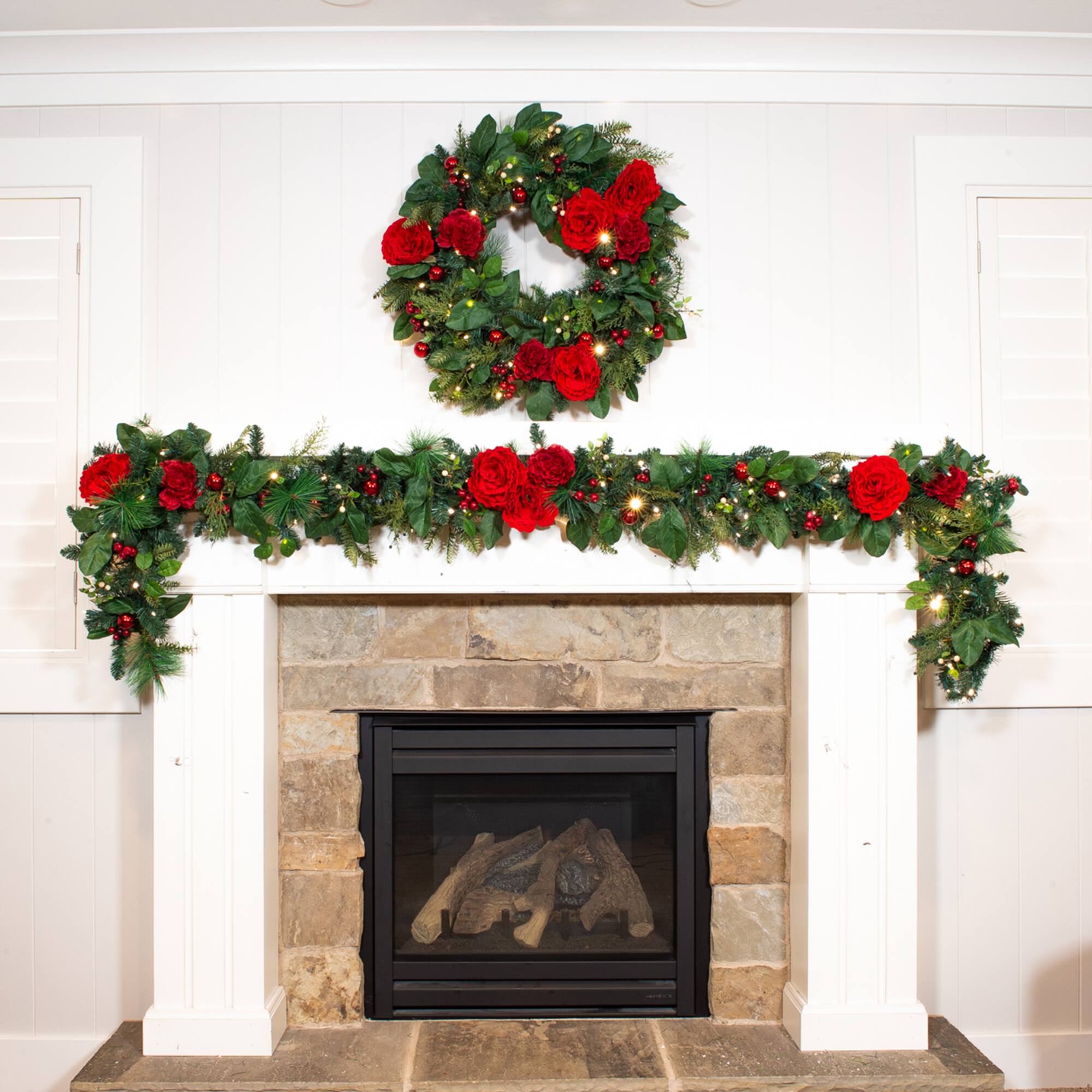 Village Lighting 9ft. Pre-Lit LED Red Peonies & Berry Garland