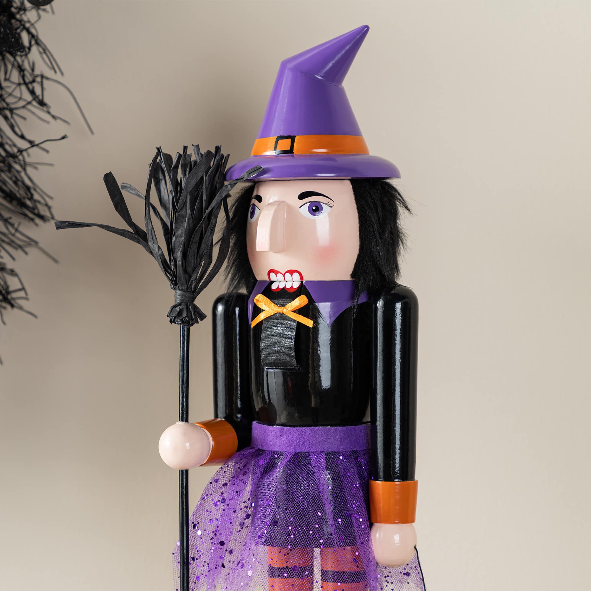 Glitzhome® 18.5"H Halloween Wooden Witch Nutcracker with Witch Cat Ornament