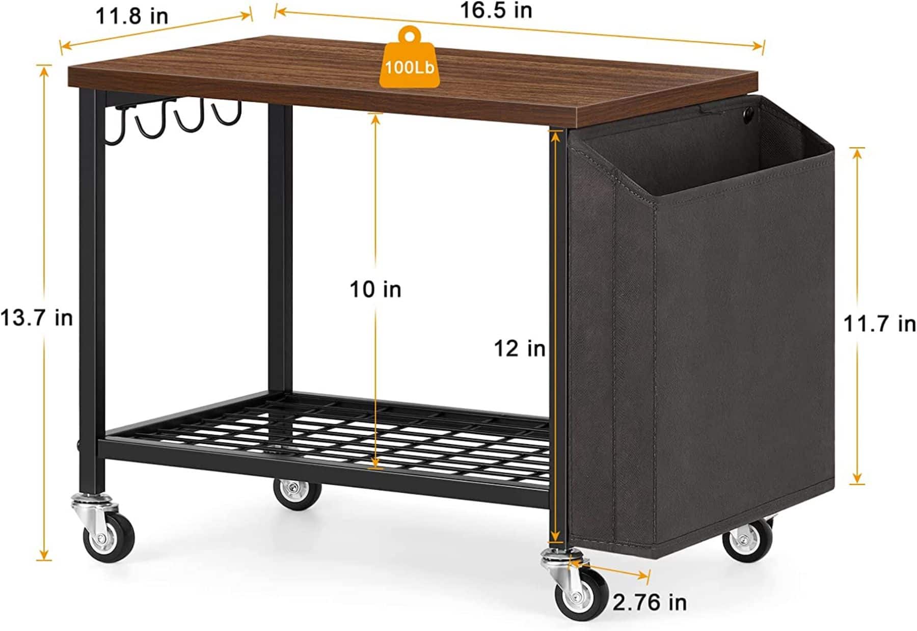 Rustic Brown 2-Tier Printer Cart with Wheels & Storage Bag