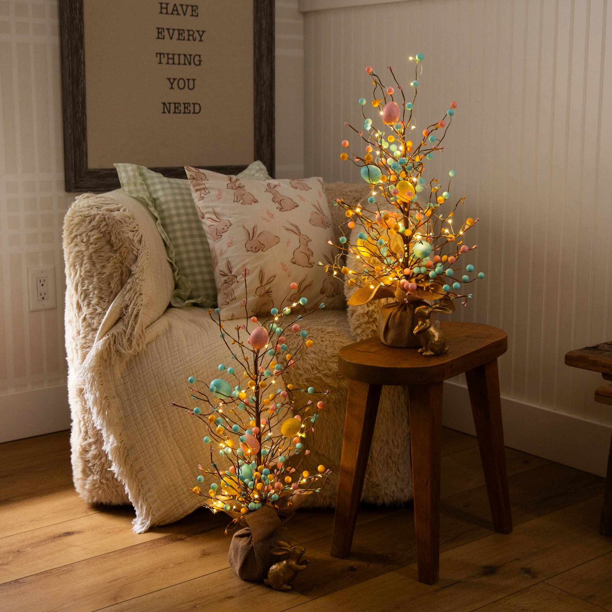 24" Pre-Lit Artificial Easter Egg Twig Tree with 30 LED Lights in Burlap Wrapped Base - Set of 2