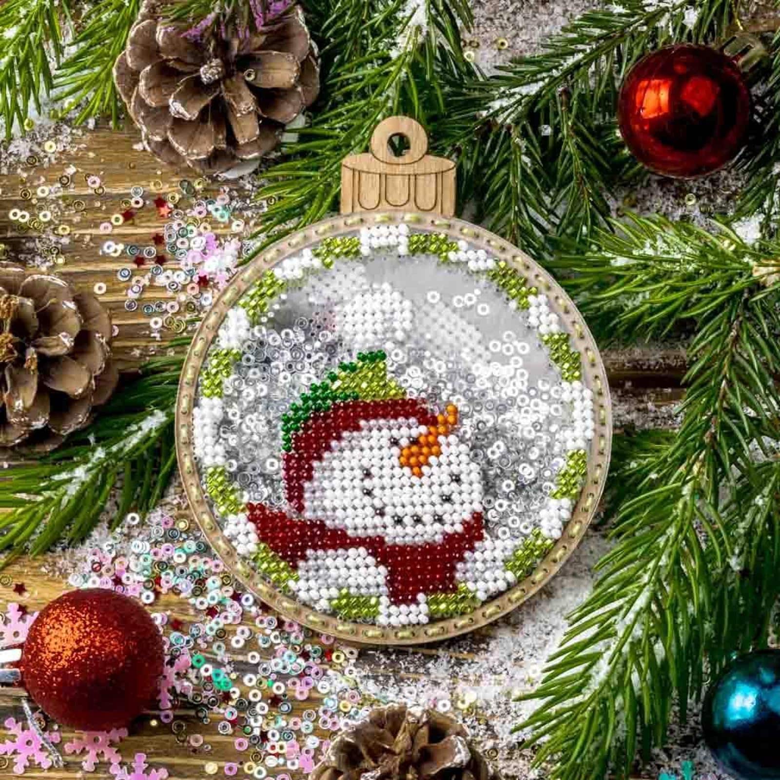 Wonderland Crafts Snowman & Santa Ball Ornament Bead Embroidery Kit