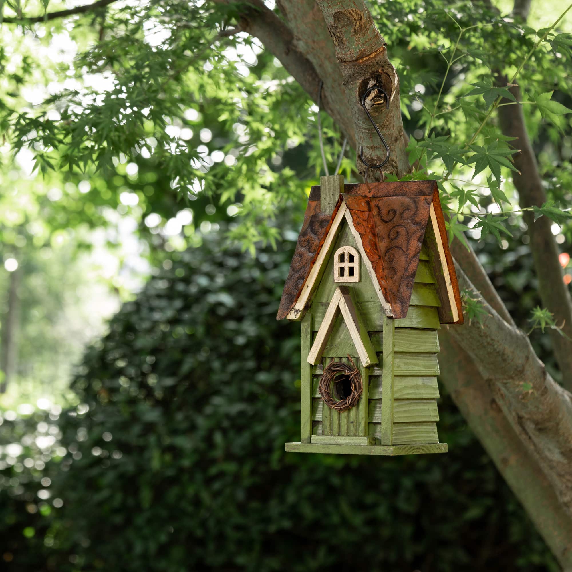 Glitzhome® Tall Distressed Green Wood Bird House