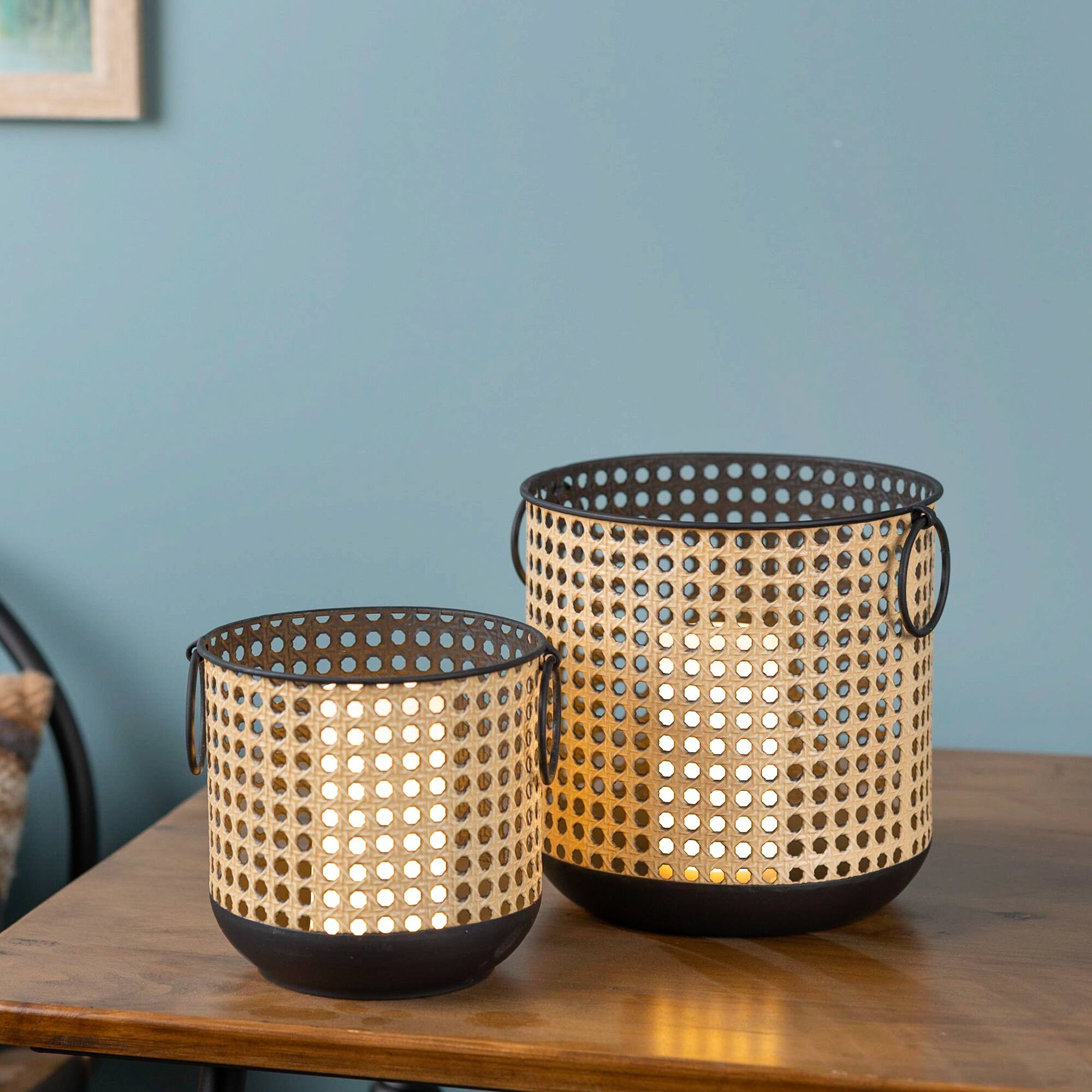 Punched Metal Candle Holder with Rattan Design Set
