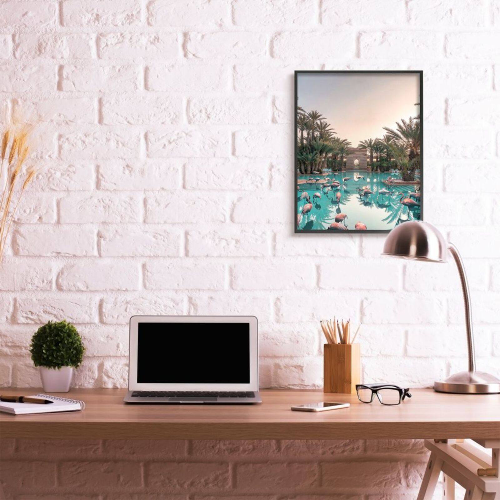 Stupell Industries Tropical Pink Flamingo Pool Relaxed Reflection Palm Trees Framed Wall Art