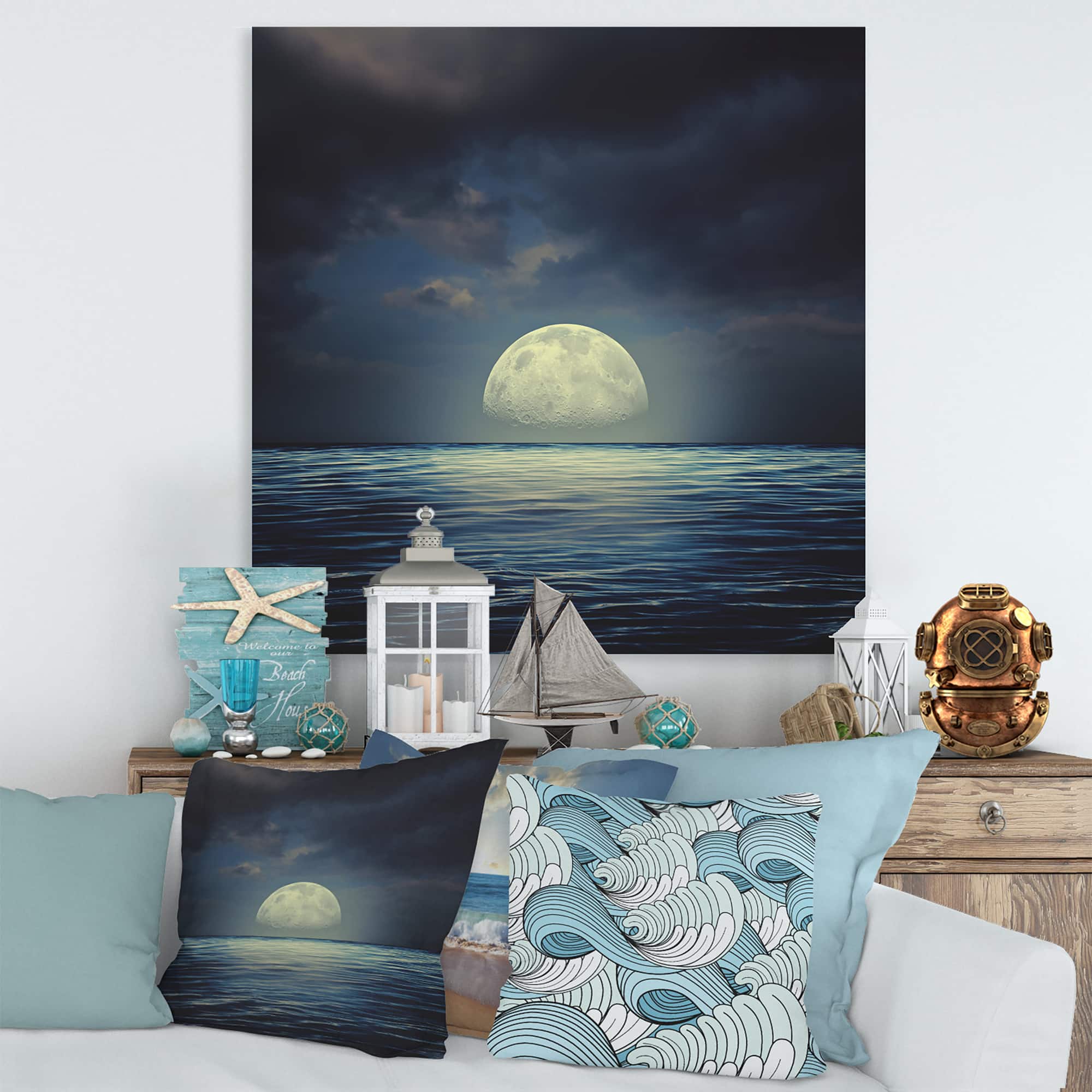 Designart - Super Moon Over The Sea II - Nautical & Coastal Canvas Wall Art Print