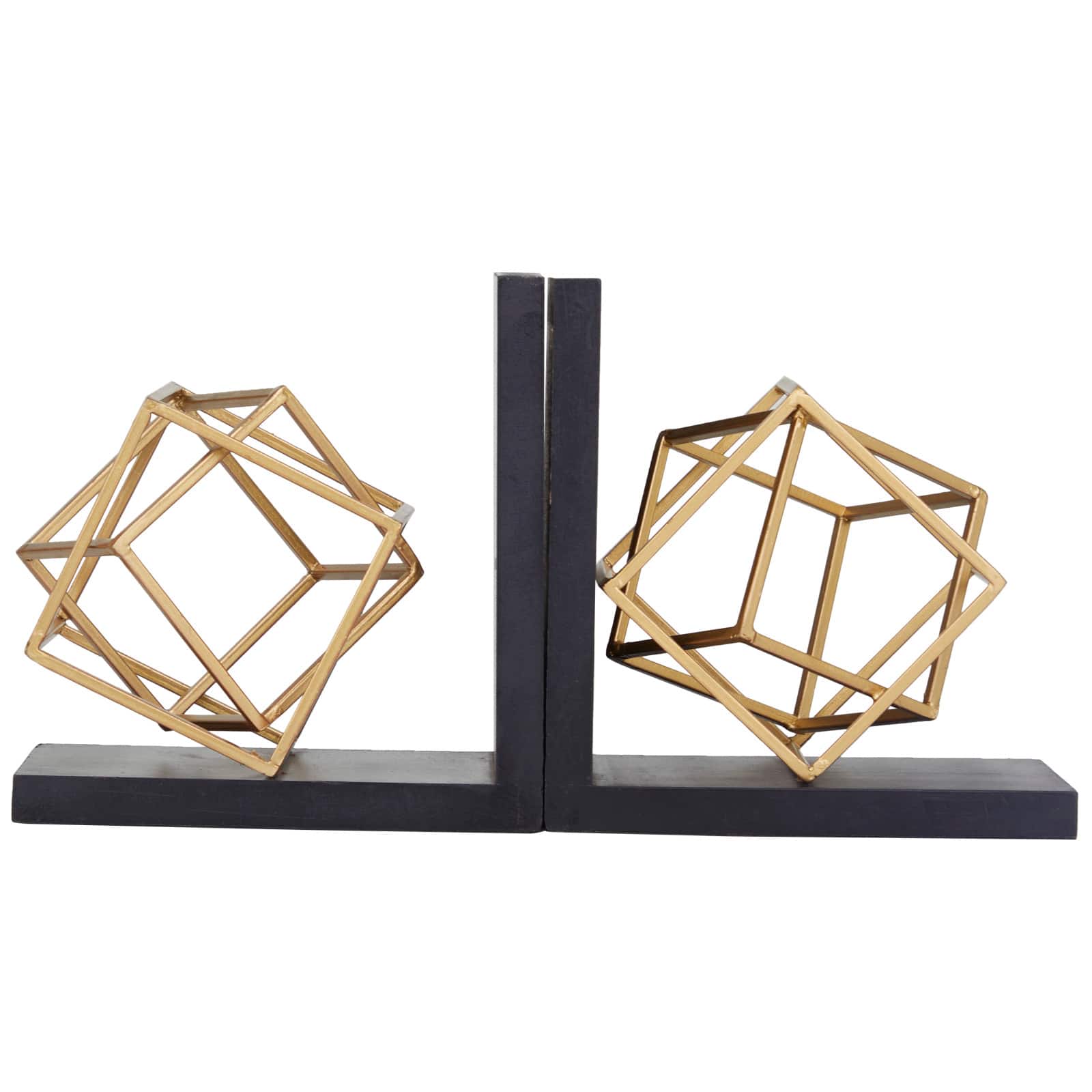 8" Gold Stainless Steel Overlapping Cube Geometric Bookends with Black Bases Set