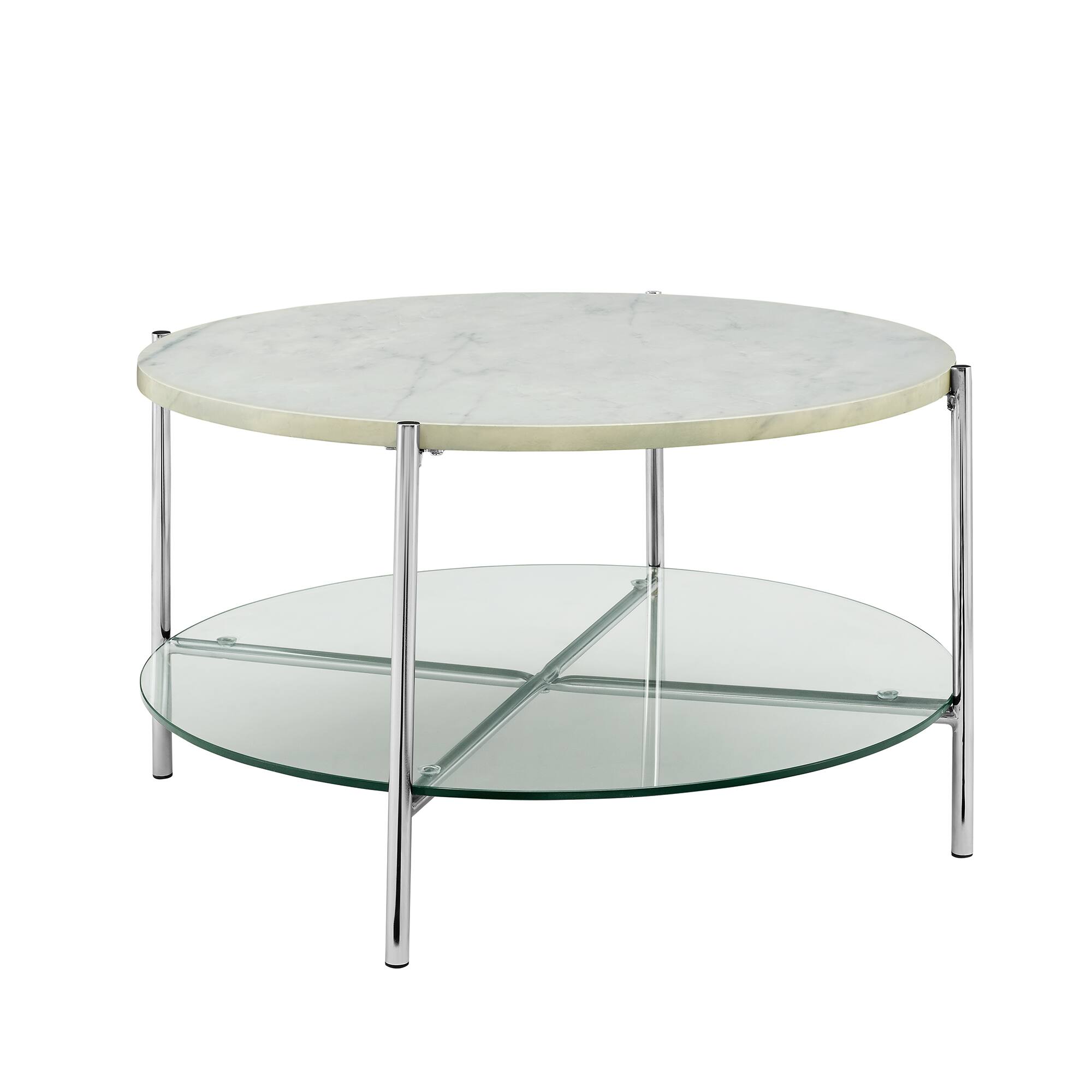 Faux White Marble, Glass & Chrome Modern Round Coffee Table