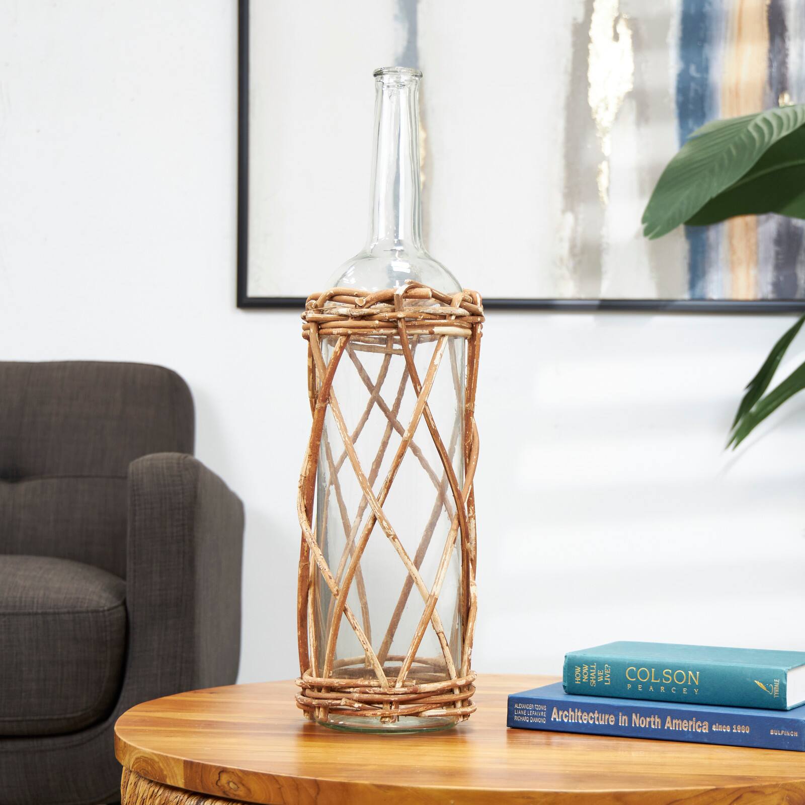 27" Clear Glass Handmade Tall Vase with Brown Rattan Woven Lower Body