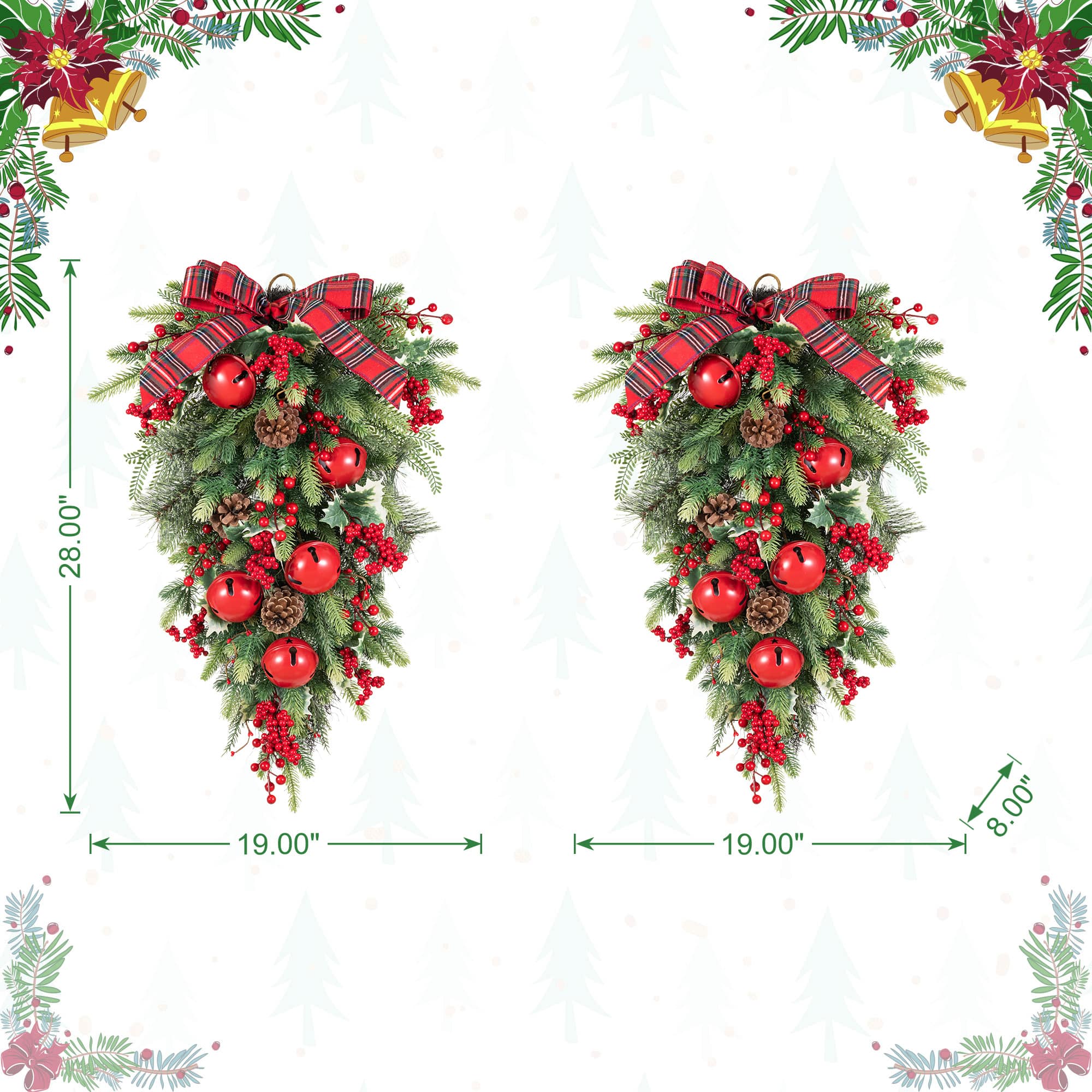 Glitzhome® 28" Christmas Bell Pinecone & Berry Bow Teardrop, Set of 2