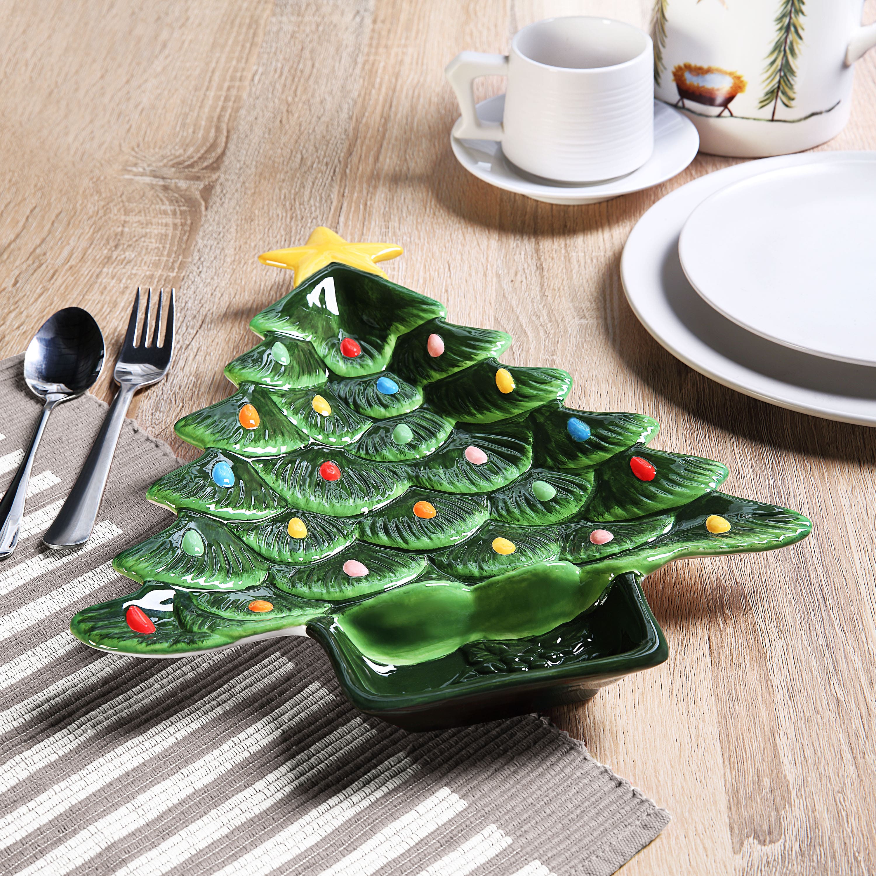 14" Green Tree Platter with Dip Section
