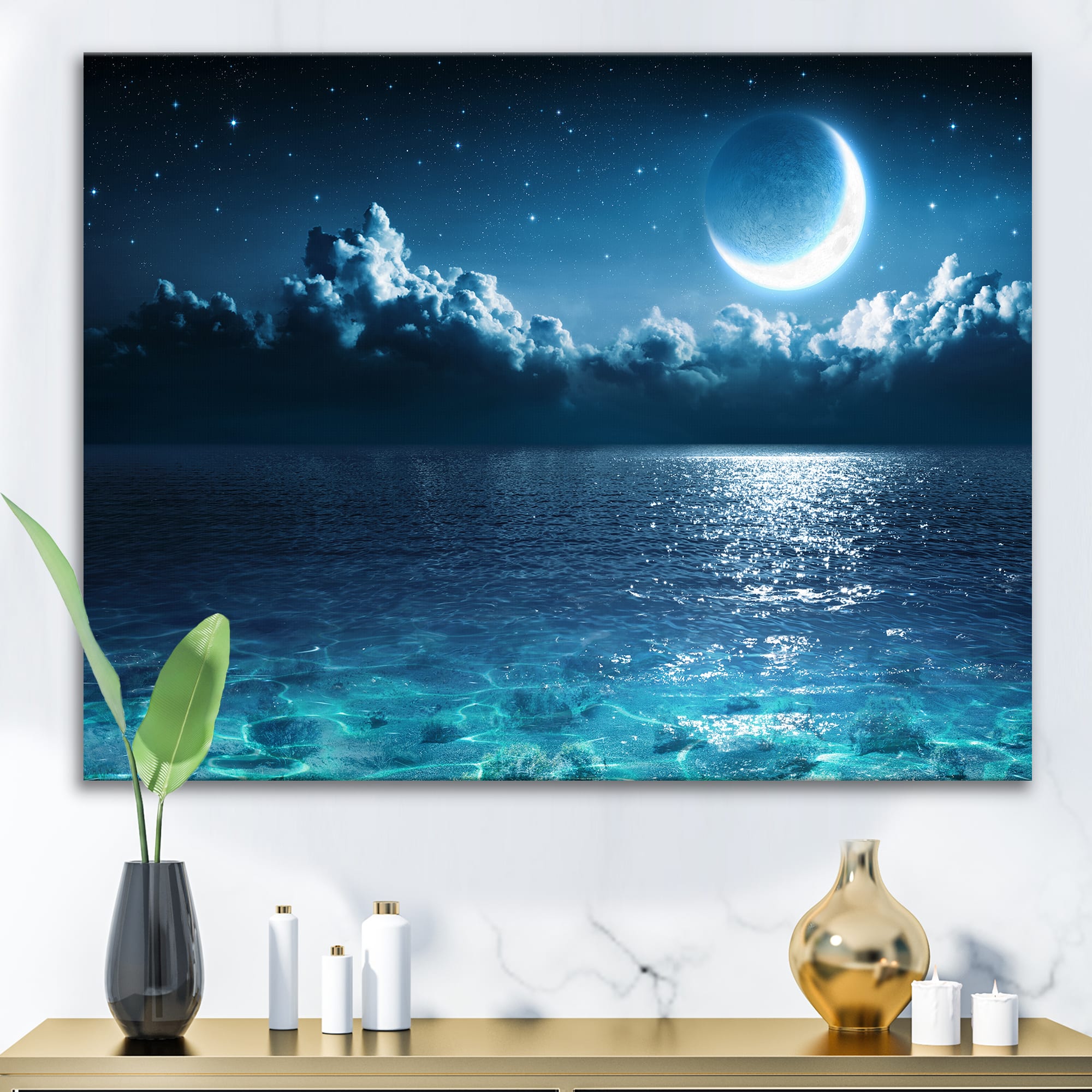 Designart - Romantic Moon Over Deep Blue Sea I - Nautical & Coastal Canvas Wall Art Print