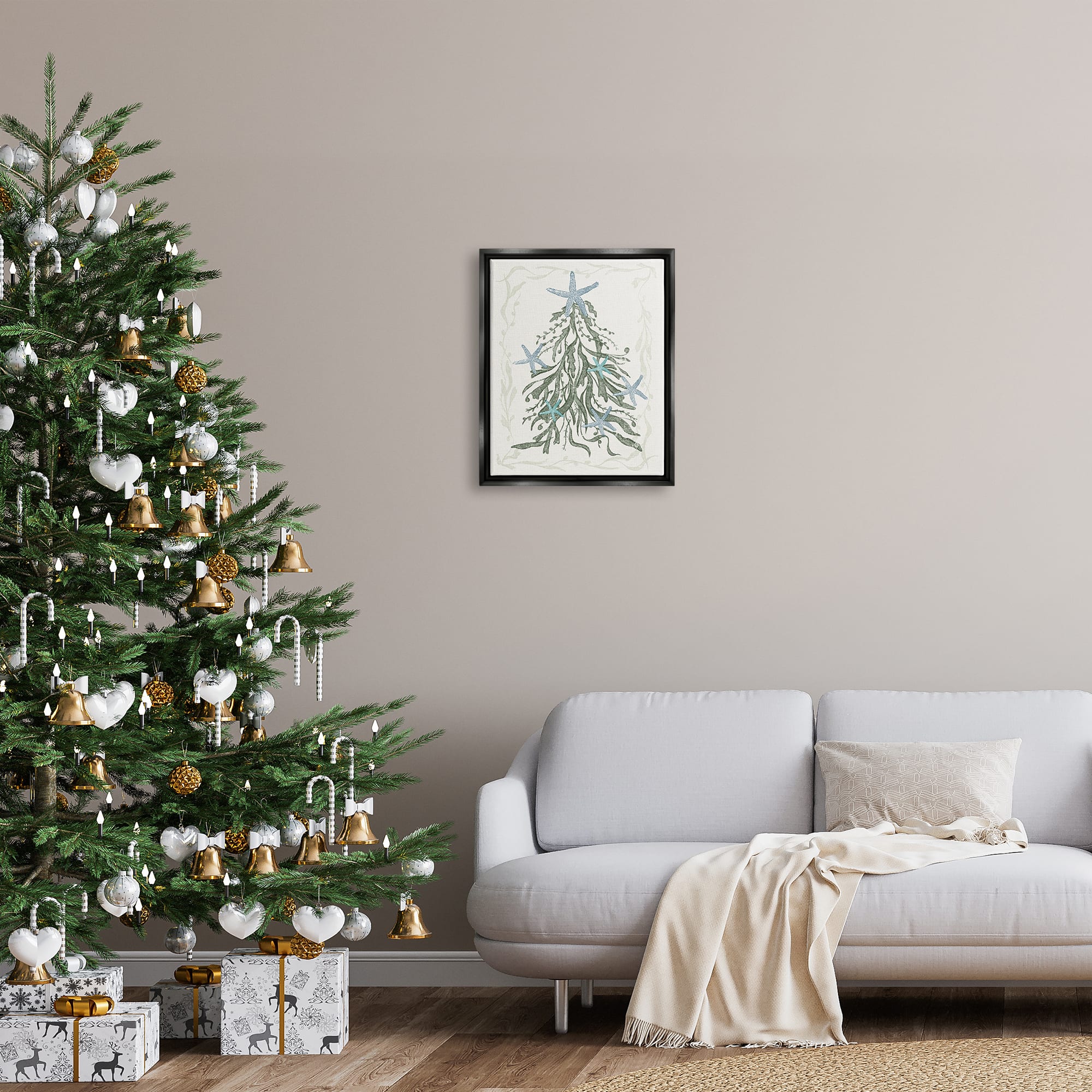 Stupell Industries Nautical Christmas Tree Sea Life Framed Floater Canvas Wall Art