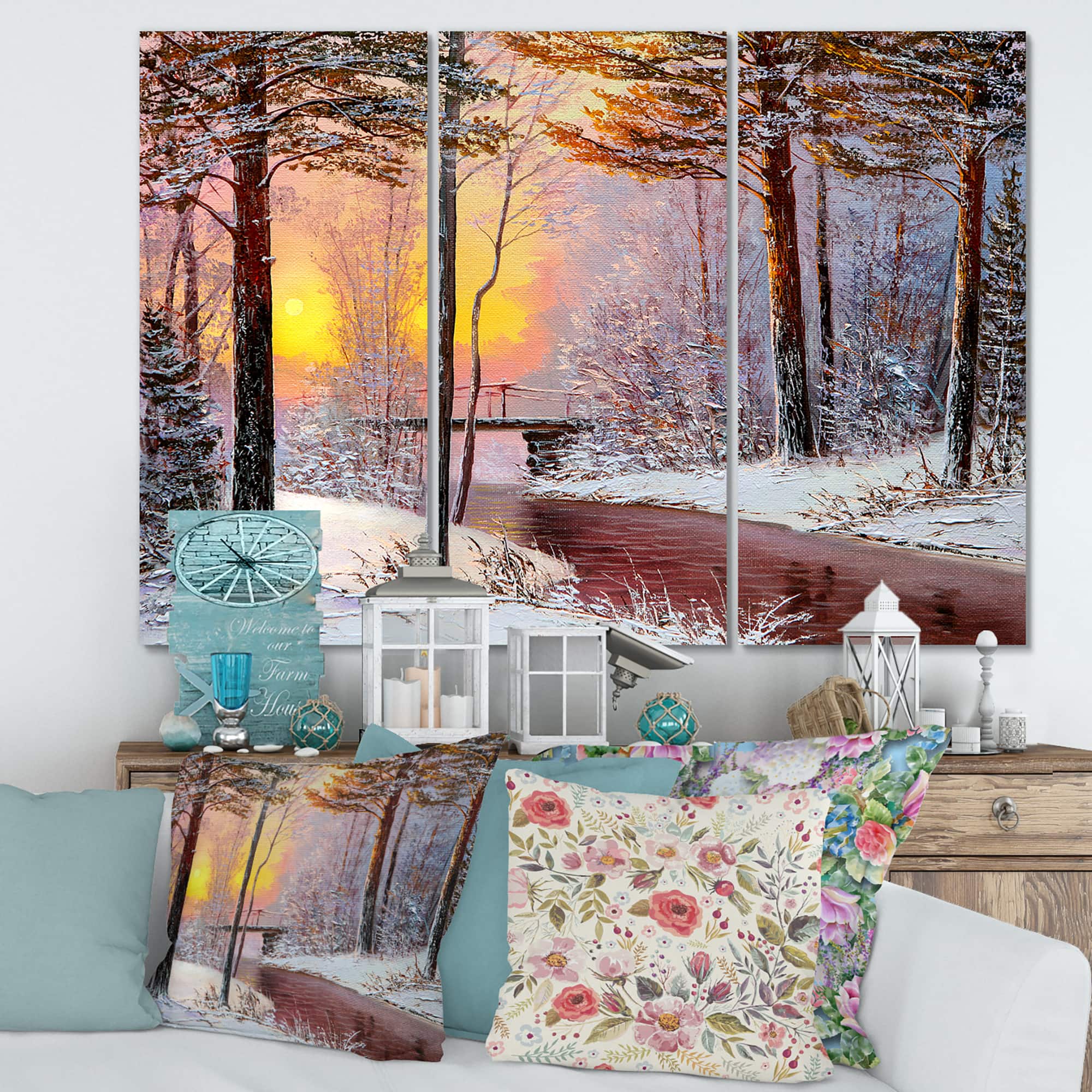 Designart - Christmas Forest With River and Trees IV - Traditional Canvas Wall Art Print