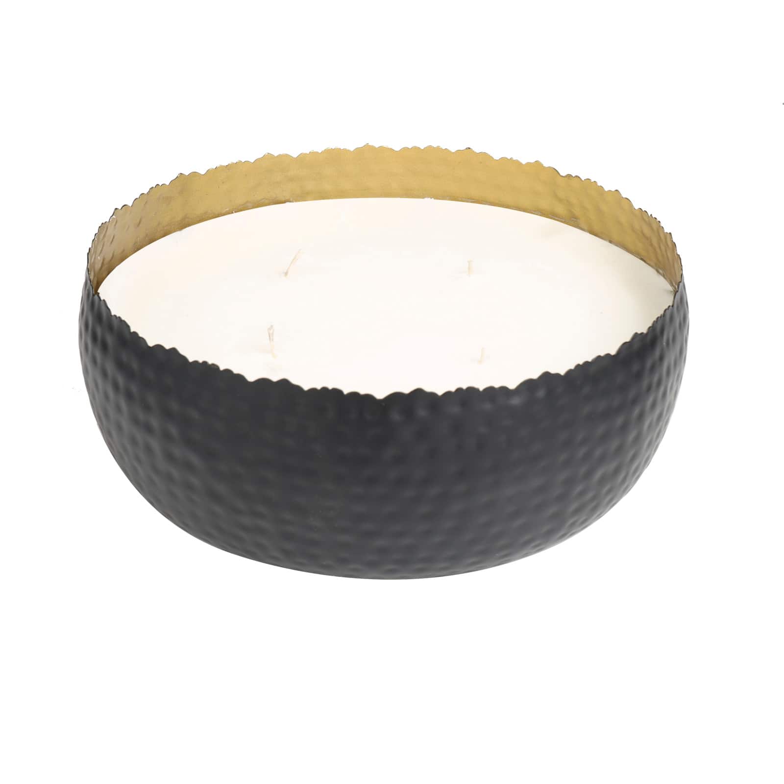 90oz Campfire Scented White 4 Wick Candle in Hammered Matte Black Bowl