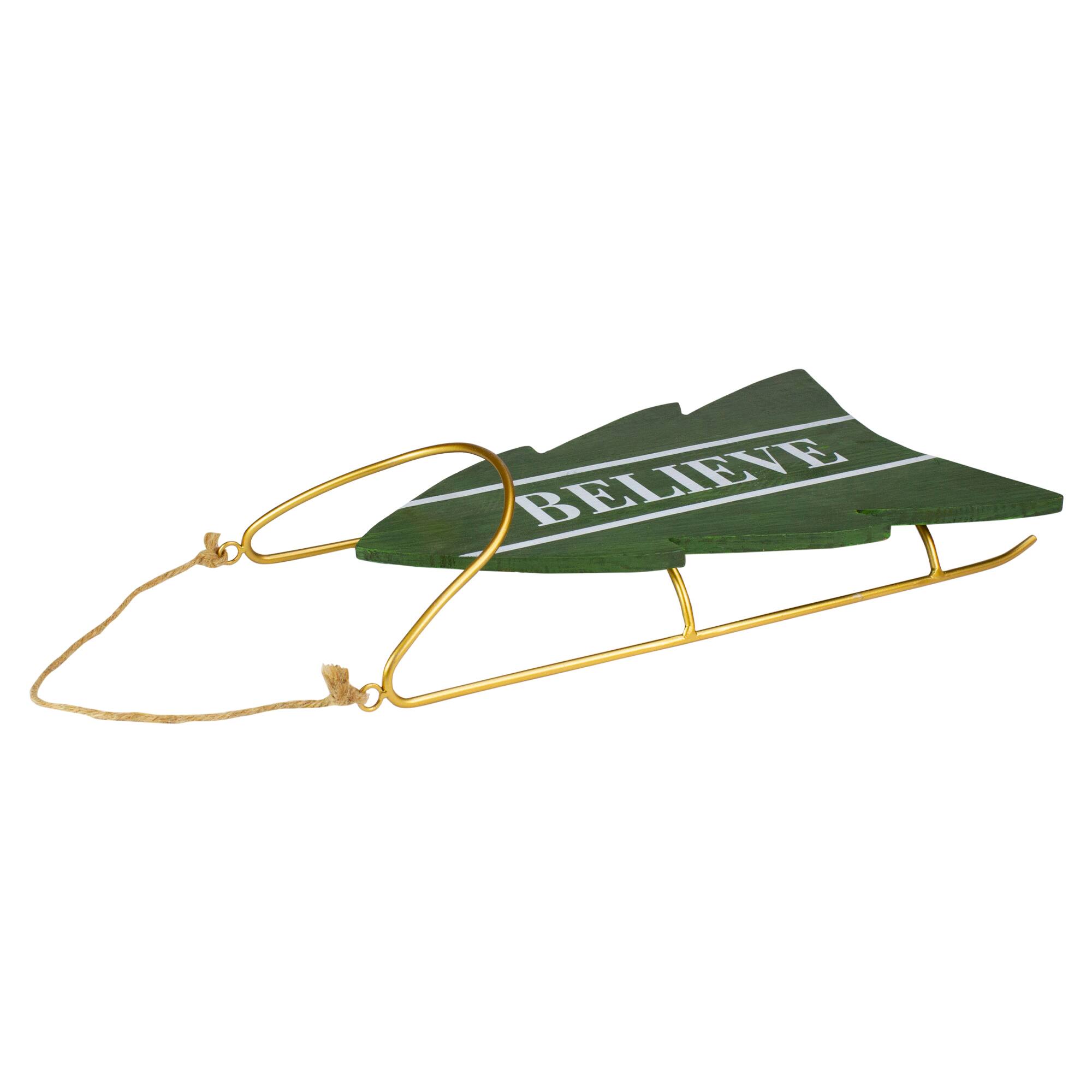 18.25'' Green Wooden Believe Christmas Snow Sled Decoration
