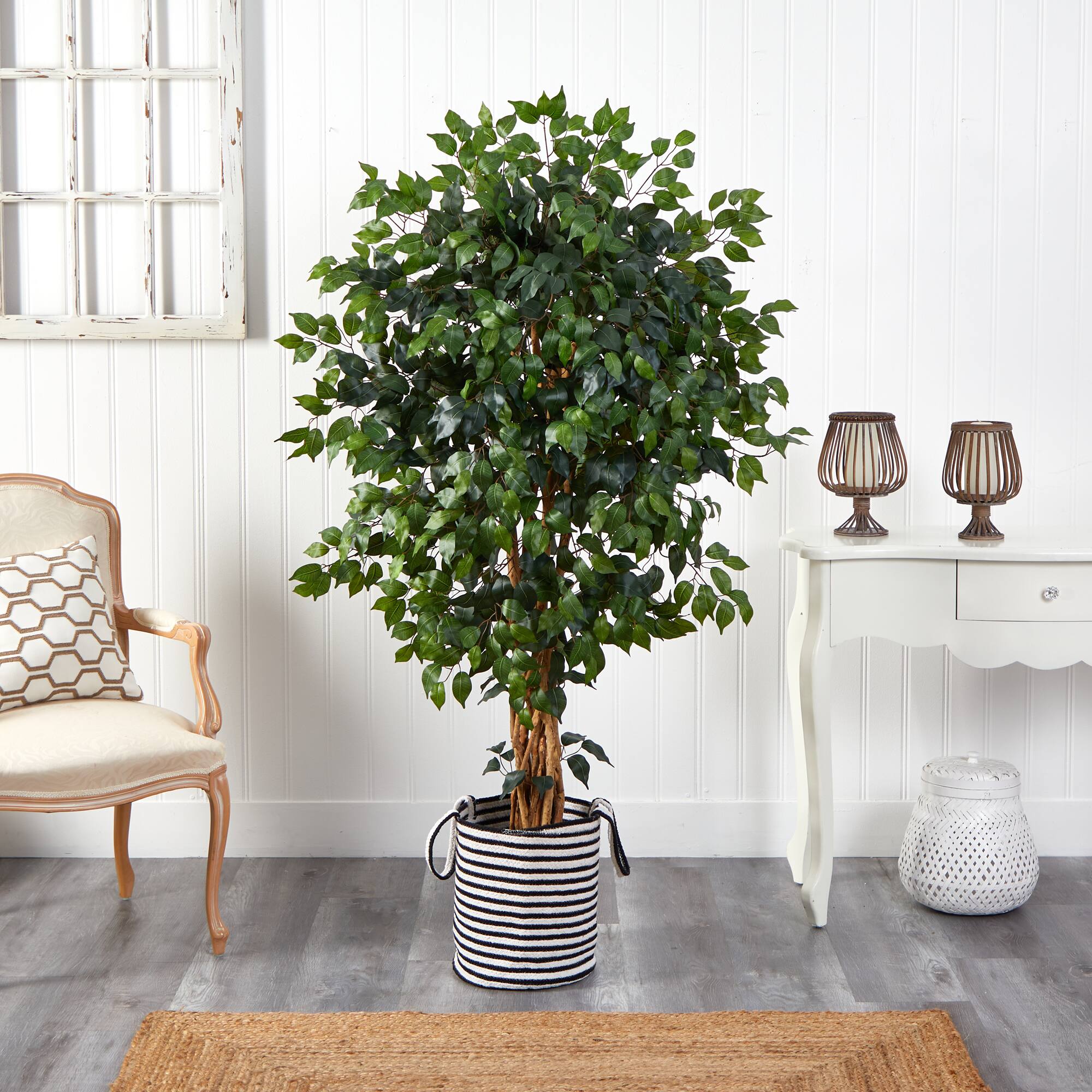 5.5ft. Palace Ficus Artificial Tree in Handmade Black and White Natural Jute and Cotton Planter