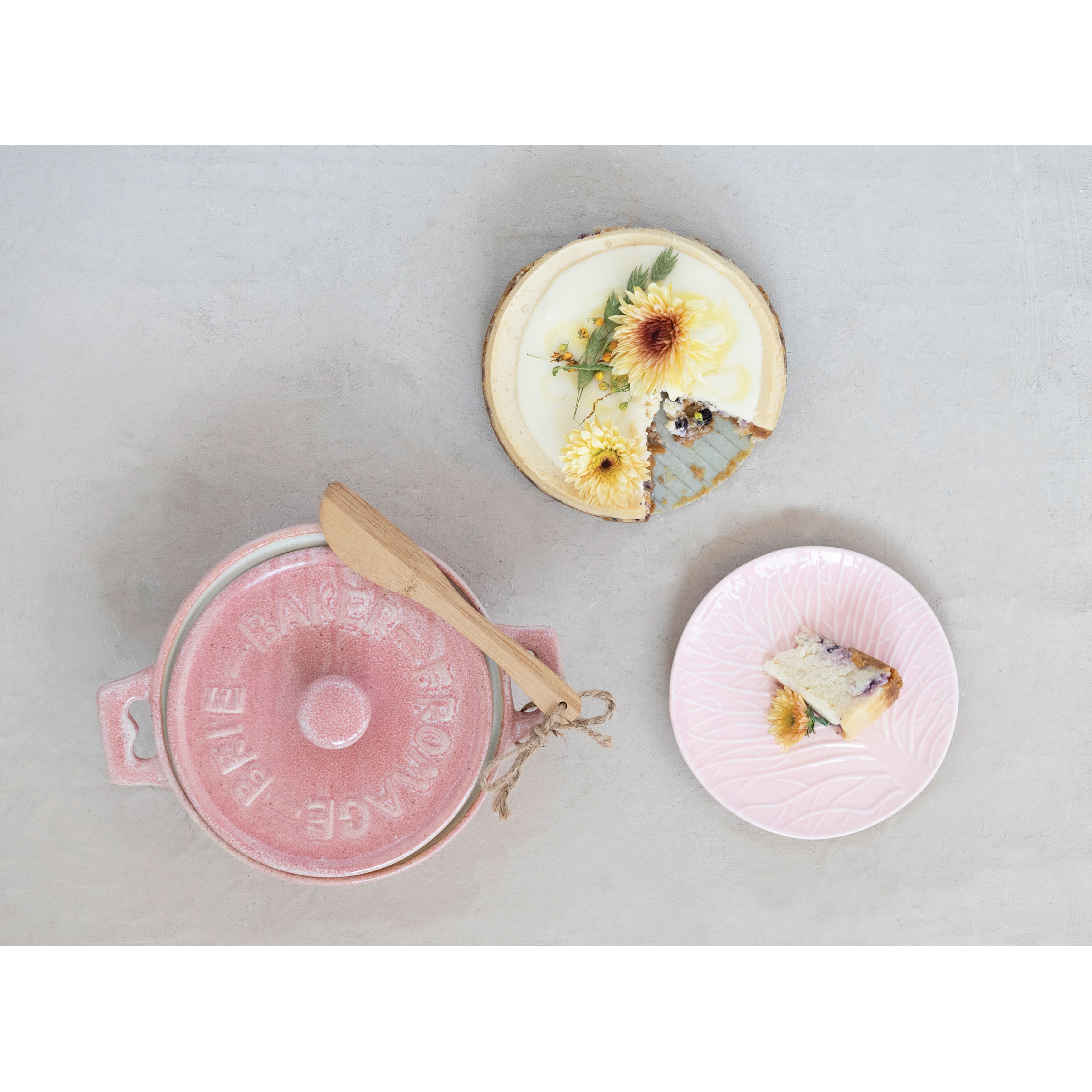 Hello Honey® Pink Stoneware Brie Bakers with Bamboo Spreader, 2ct.
