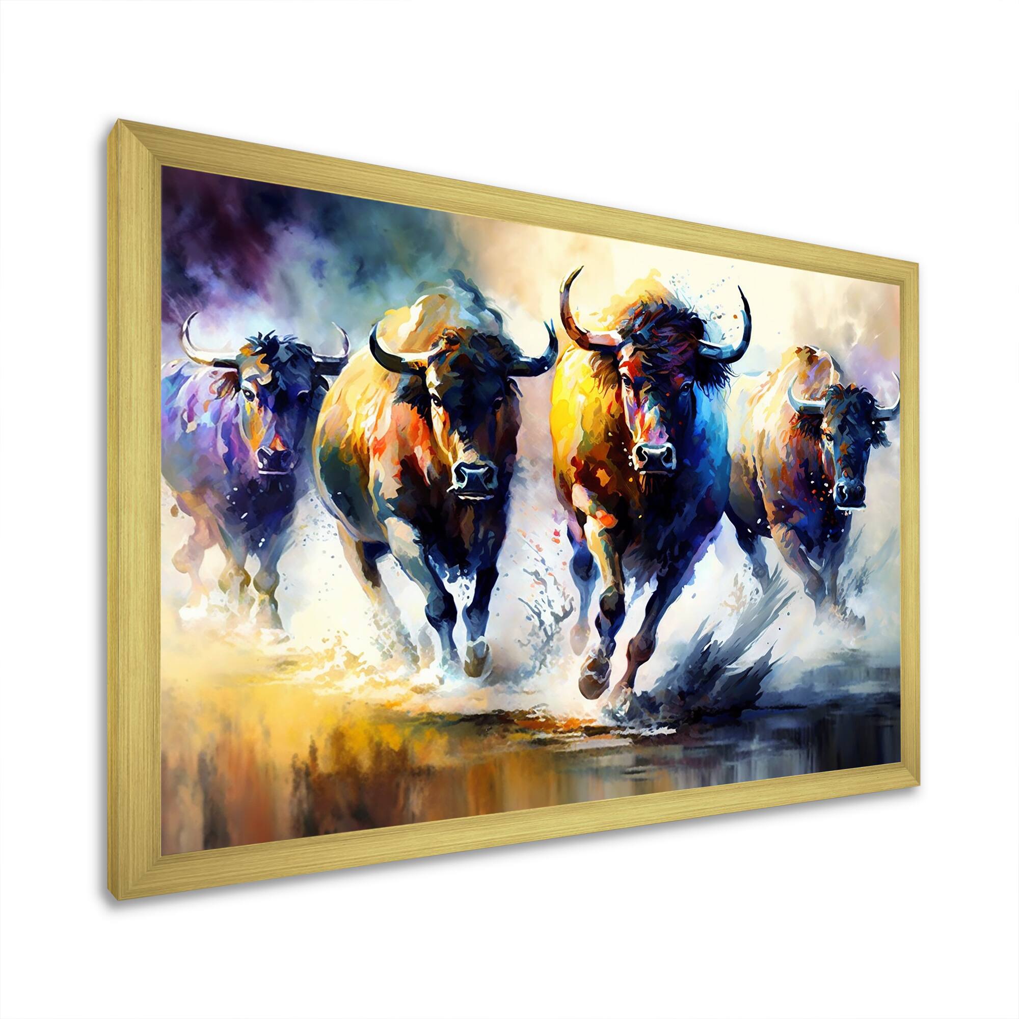 Designart 'Buffalo's Running' Animals Framed Canvas Wall Art