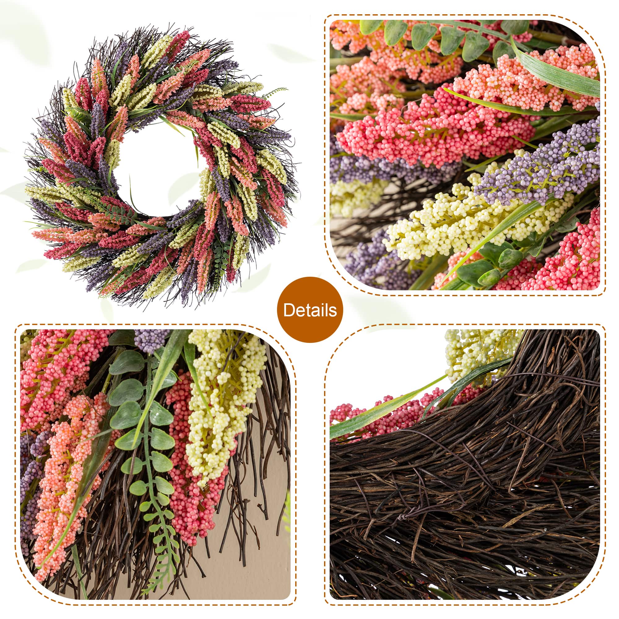 Glitzhome® 24" Pink, Purple & Yellow Heather Wreath with Black Metal Hanger