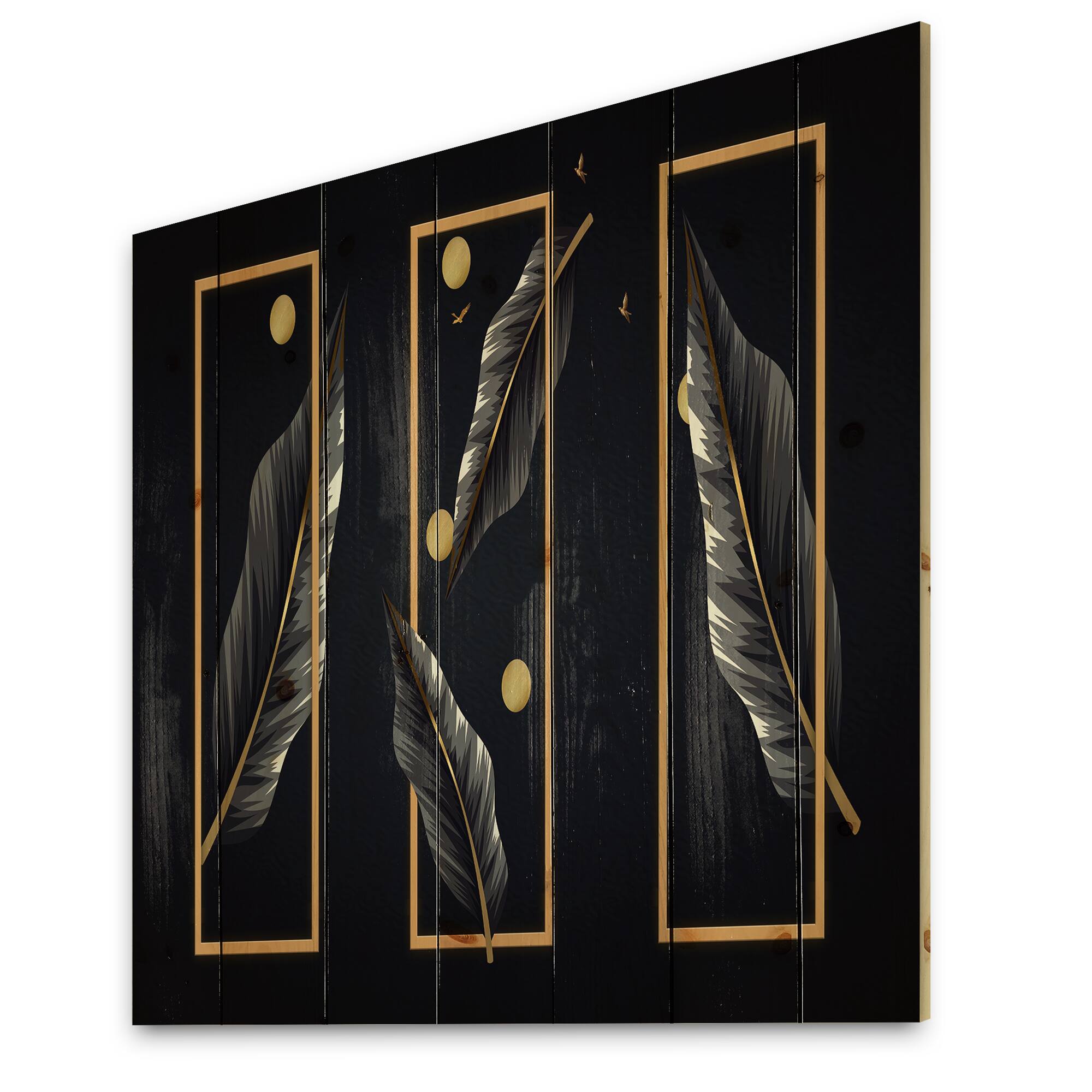 Designart - Black Tropical Leaves With Golden Rectangles