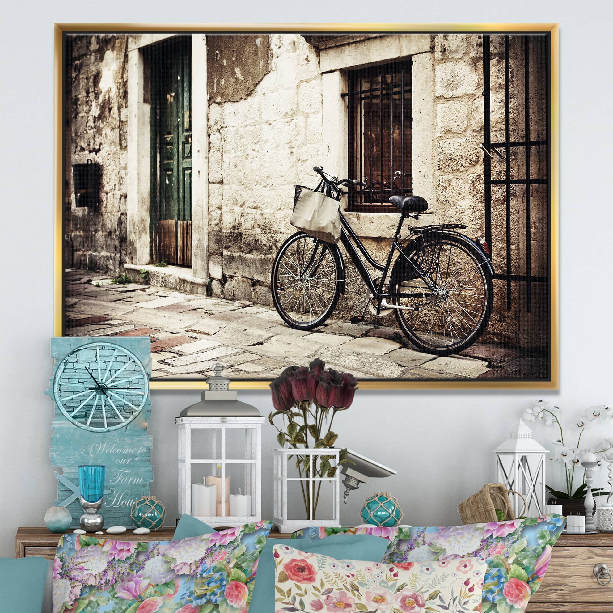 Designart - Bicycle with Shopping Bag - Landscape Photo Framed Canvas Art Print